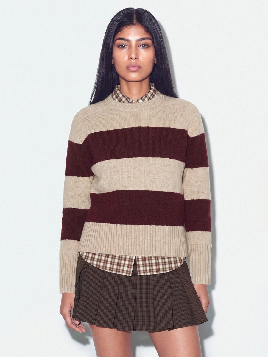 Beige striped stretch wool crew-neck jumper_0