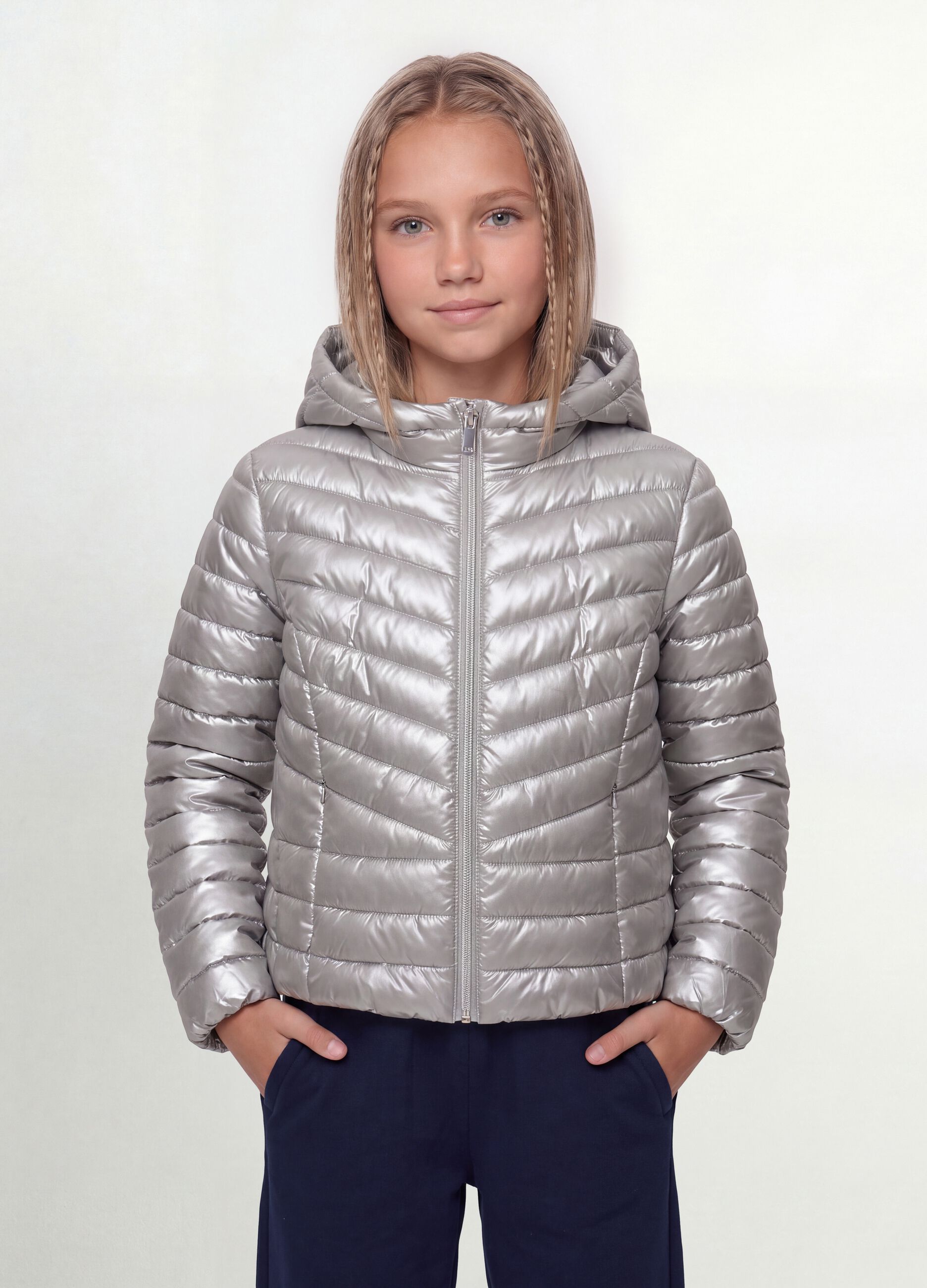 Grey Ultralight Padded Hooded Zip Jacket for Girls