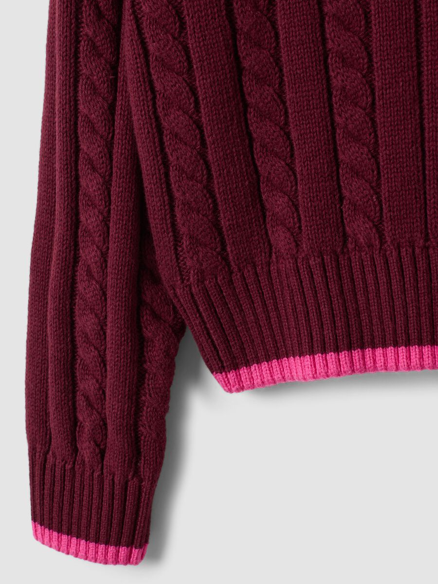 Red pure cotton cable-knit V-neck jumper for girls_6