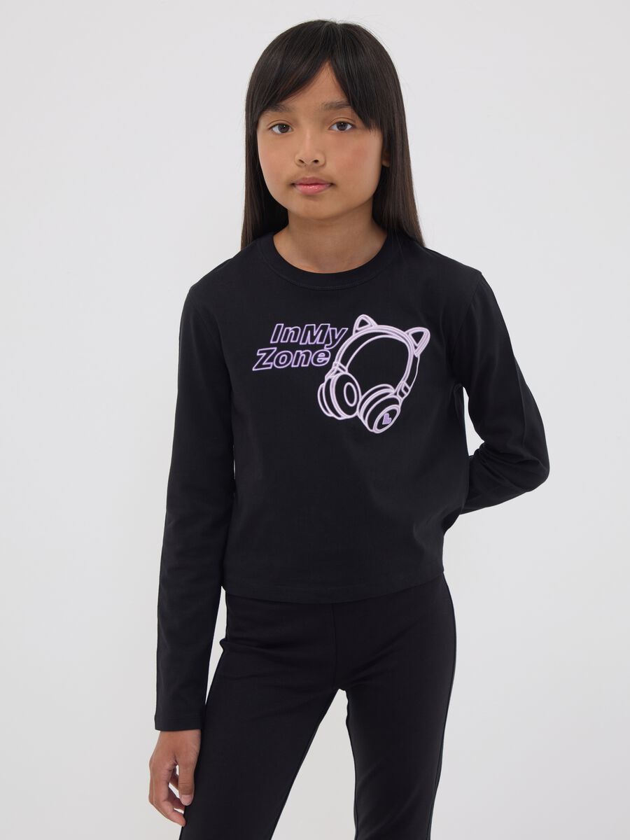 Girls&rsquo; black organic cotton crop T-shirt with ribbed neck_1