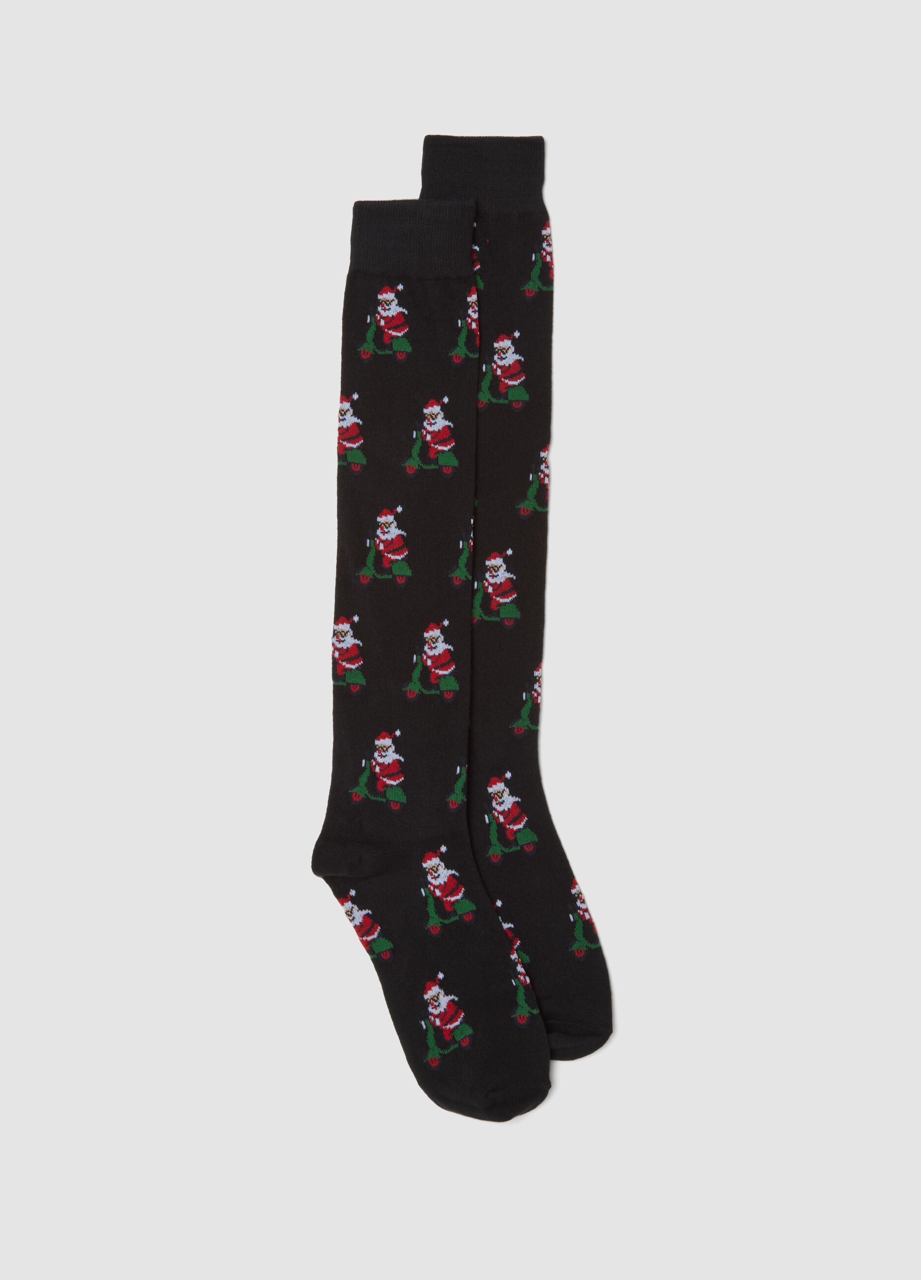 Black over-the-calf stretch-cotton socks with Christmas print