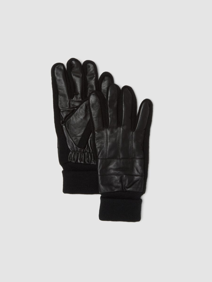 Black genuine lambskin gloves with knitted cuffs_0
