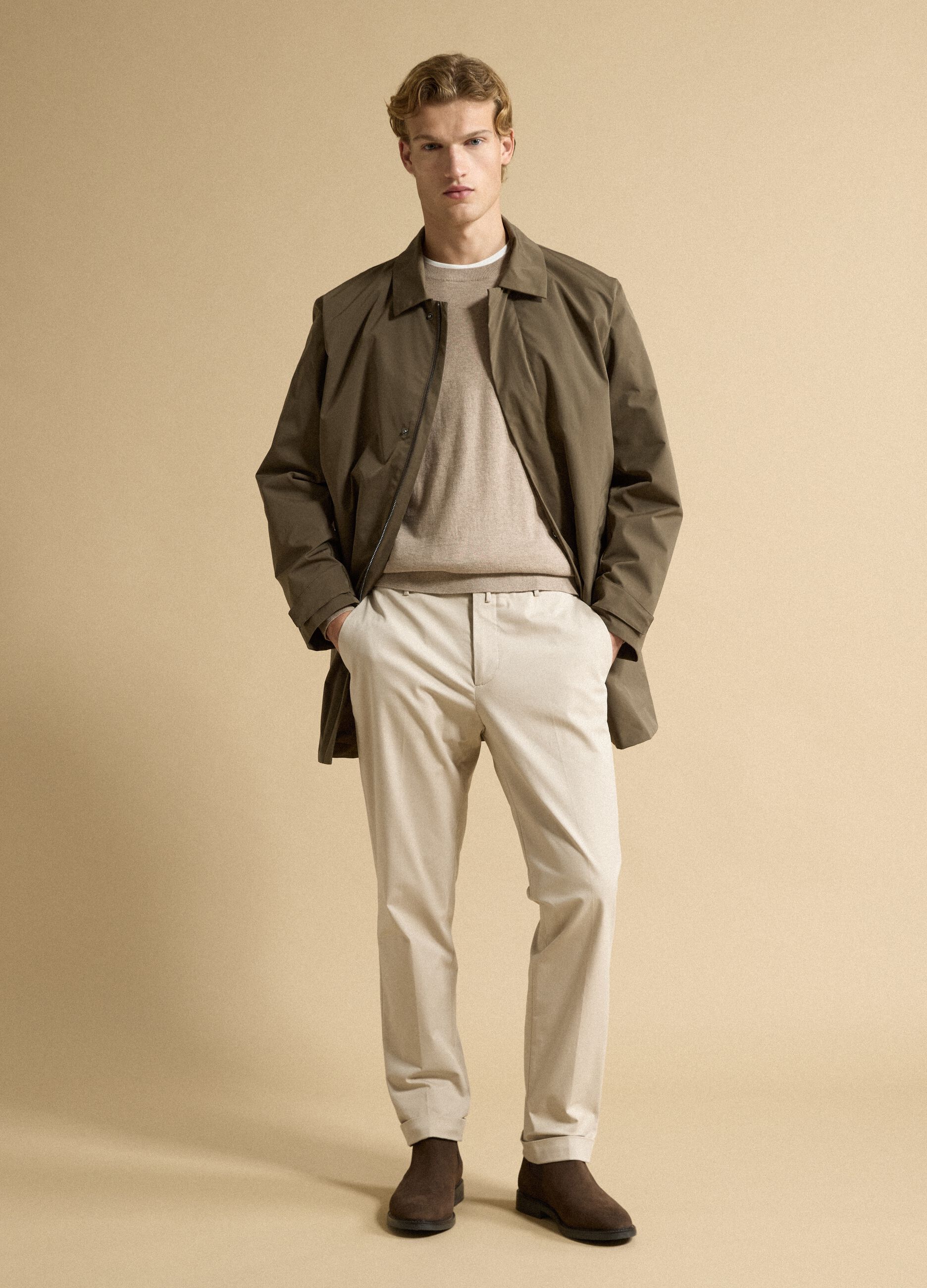 Beige regular-fit stretch cotton twill chino trousers