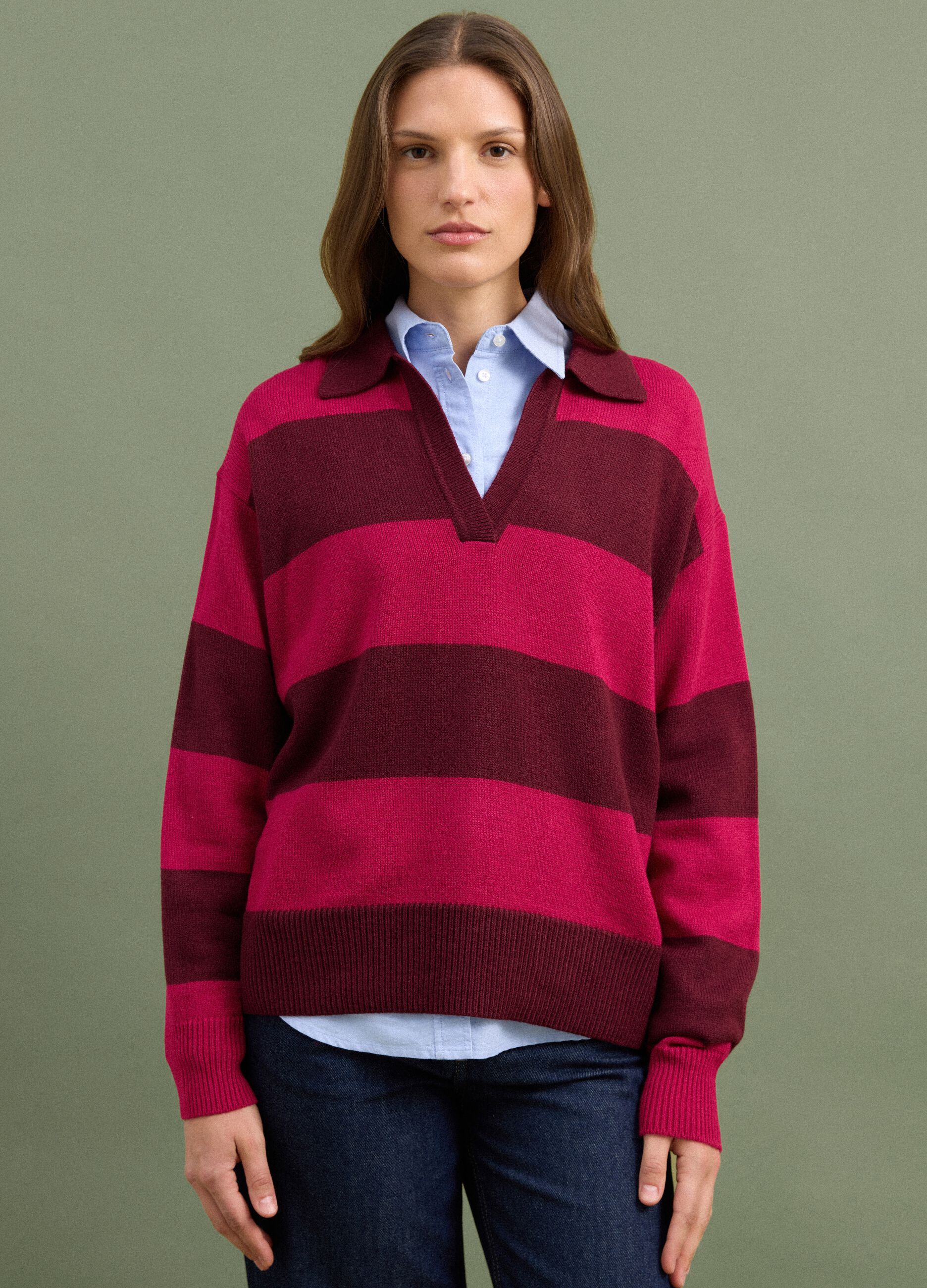 Maglia rossa in misto lana a righe con colletto polo