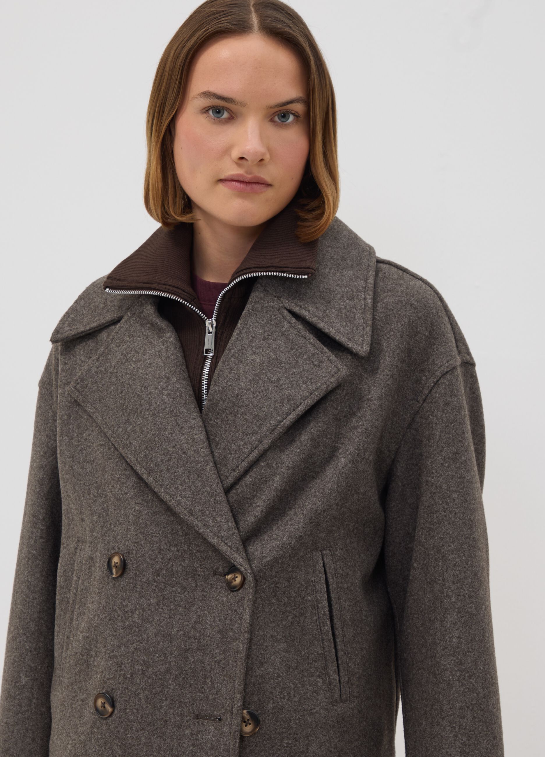 Grey double-breasted regular-fit jacket with zip and buttons