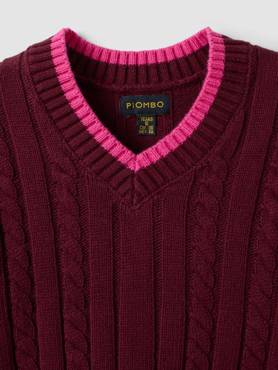 Red pure cotton cable-knit V-neck jumper for girls_5
