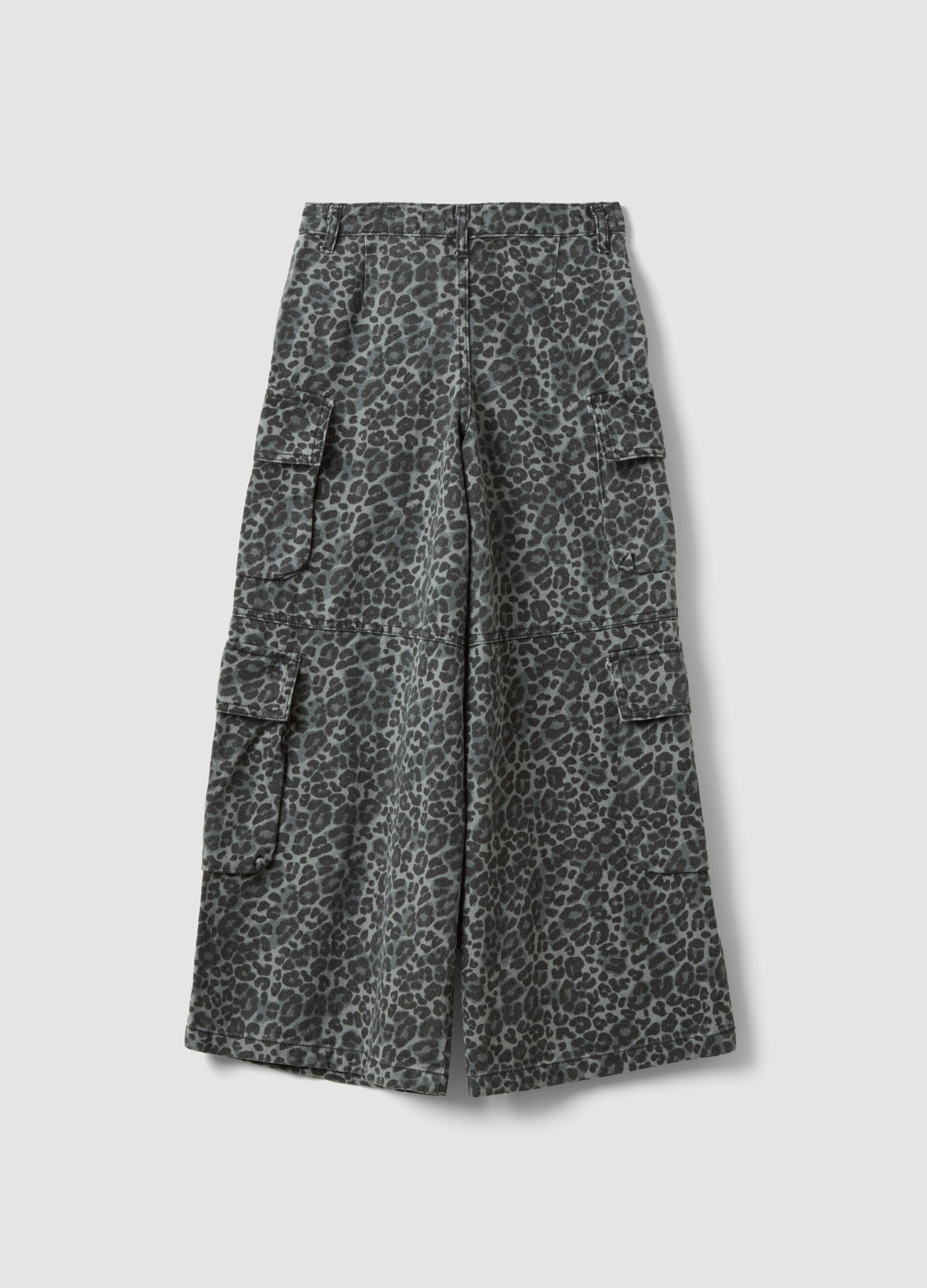 Grey pure cotton cargo trousers with animal print