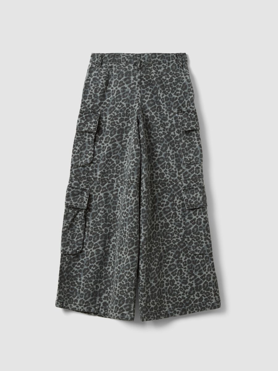 Grey pure cotton cargo trousers with animal print_1