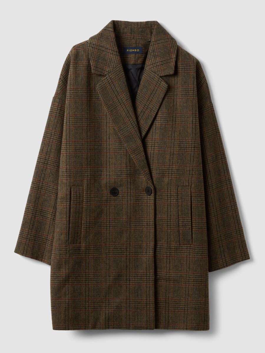 Brown, blue and burgundy checked coat in wool and viscose blend_0