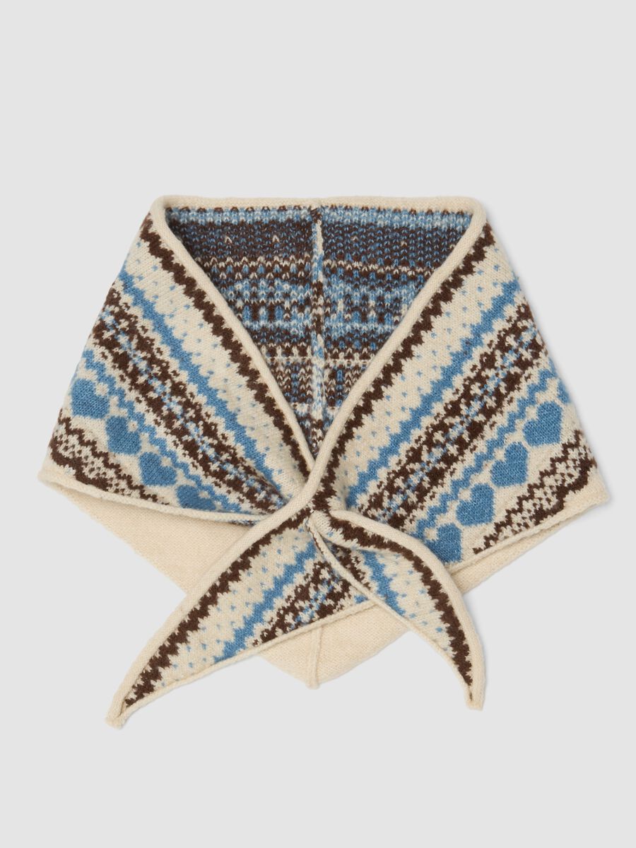 Beige scarf with light blue and brown jacquard pattern_0