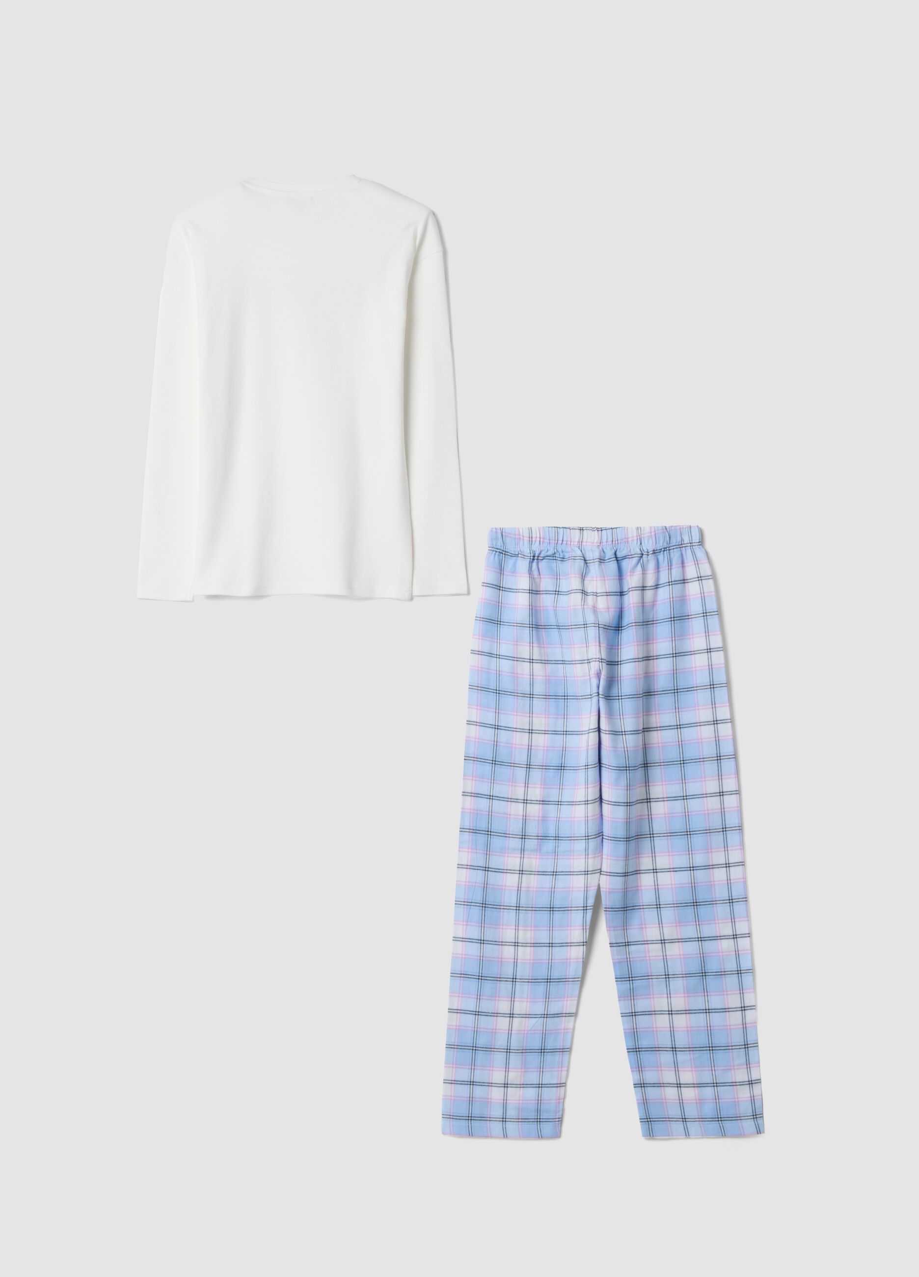 White crew-neck pyjamas in pure organic cotton with checked pattern
