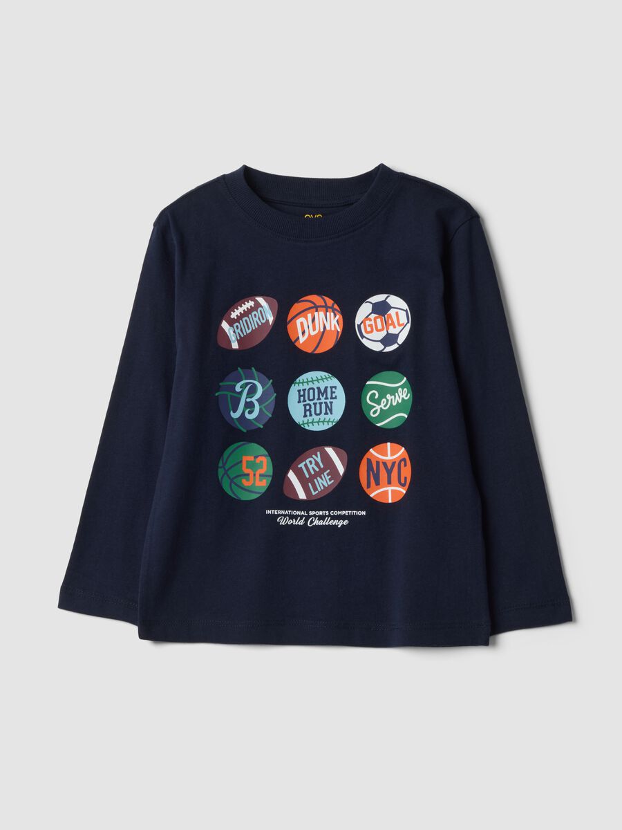 T-shirt blu in puro cotone organico con stampa college_0