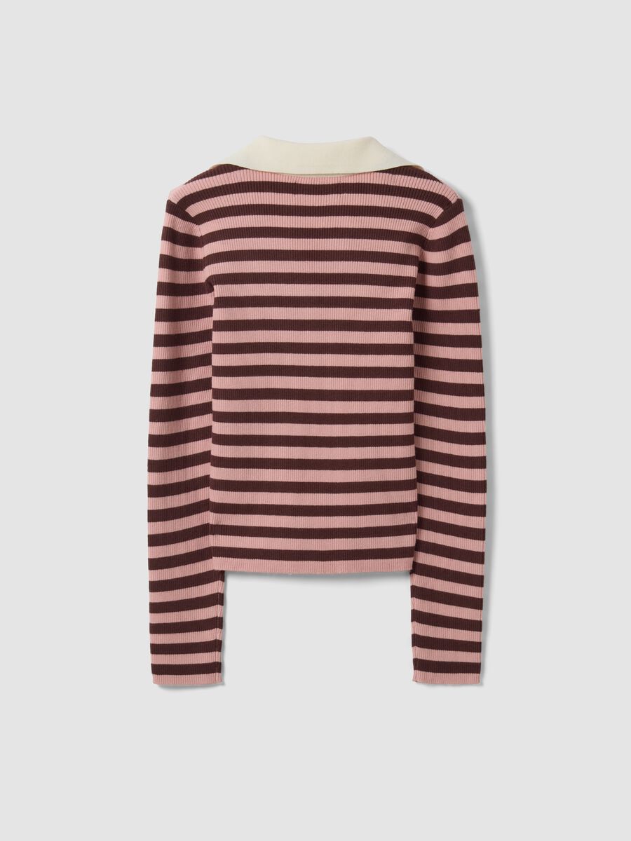 Multicolour striped viscose-blend fitted polo-collar knit top_5