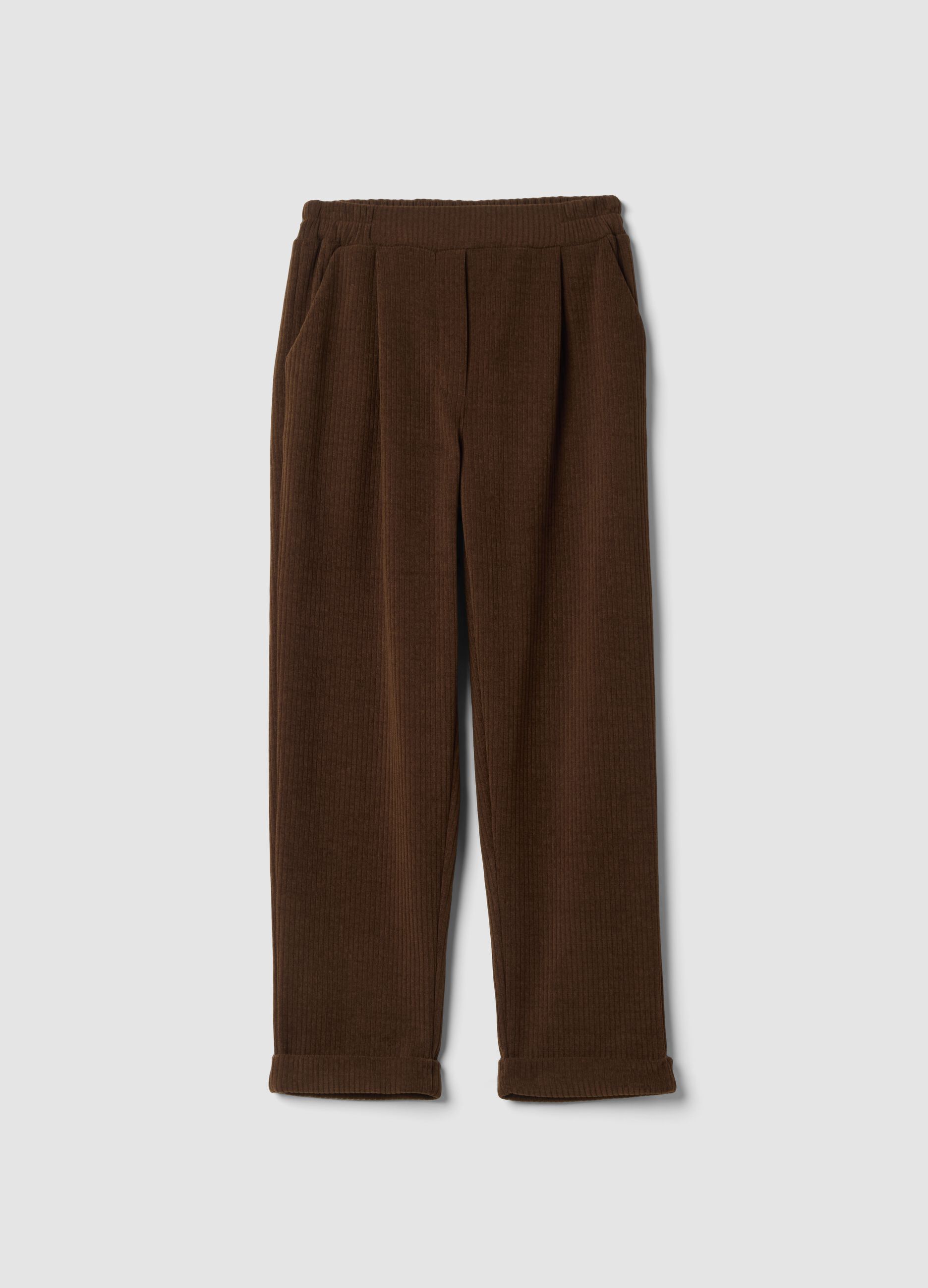 Brown ribbed stretch-fabric trousers, regular fit