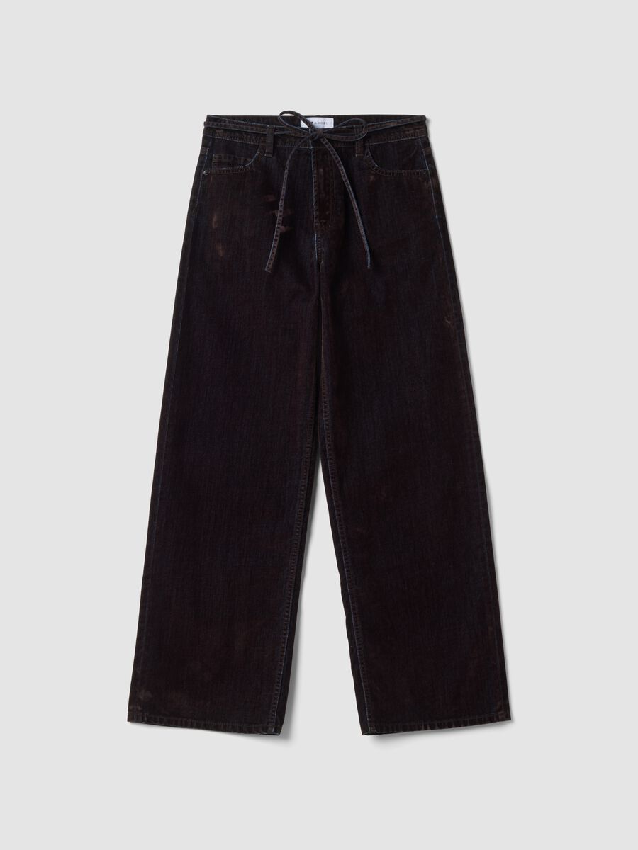 Blue and brown pure cotton wide-leg jeans_0