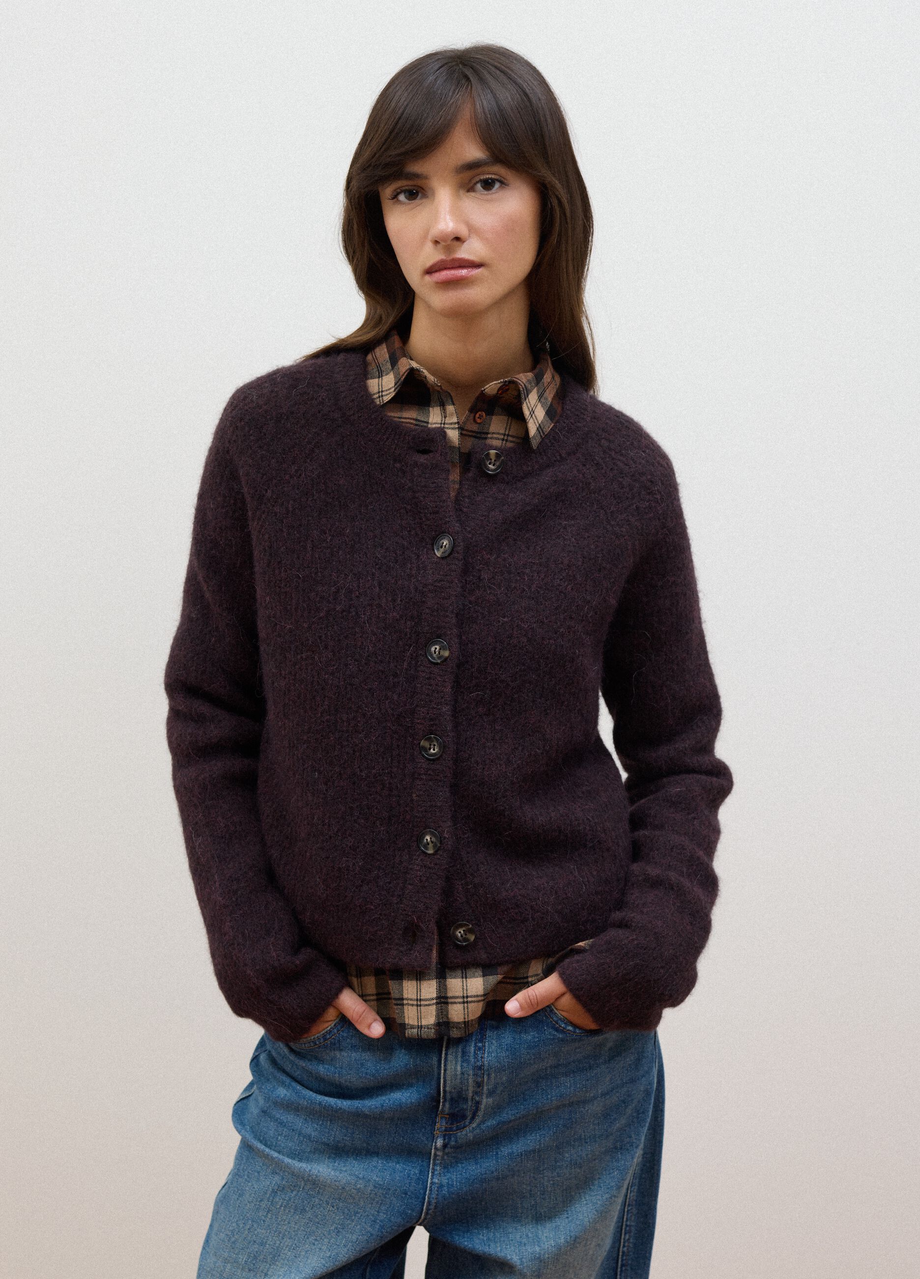 Purple alpaca-blend stretch wool crew-neck cardigan