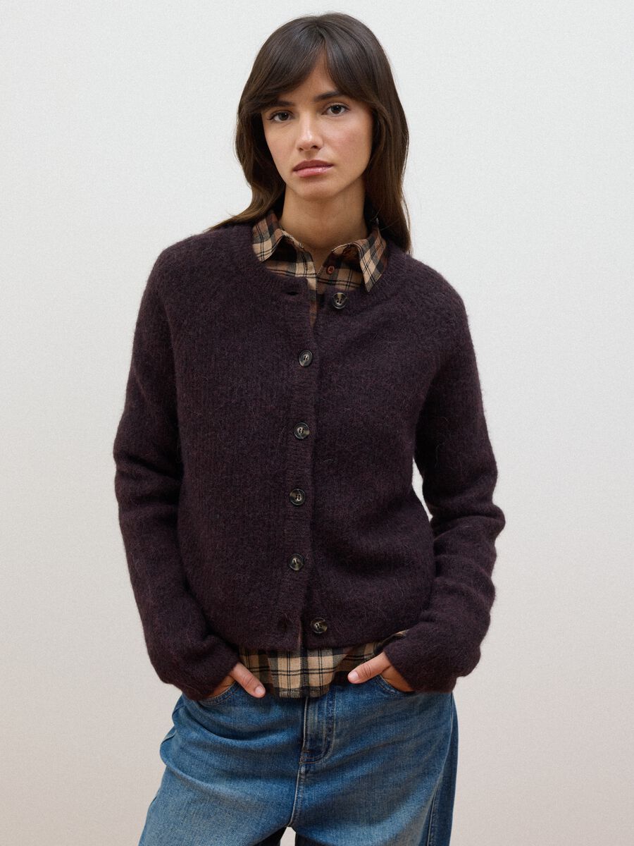 Purple alpaca-blend stretch wool crew-neck cardigan_0