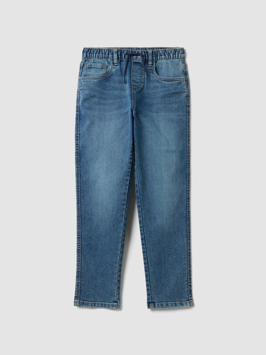 Blue stretch cotton jeans with elasticated waist for boys_3