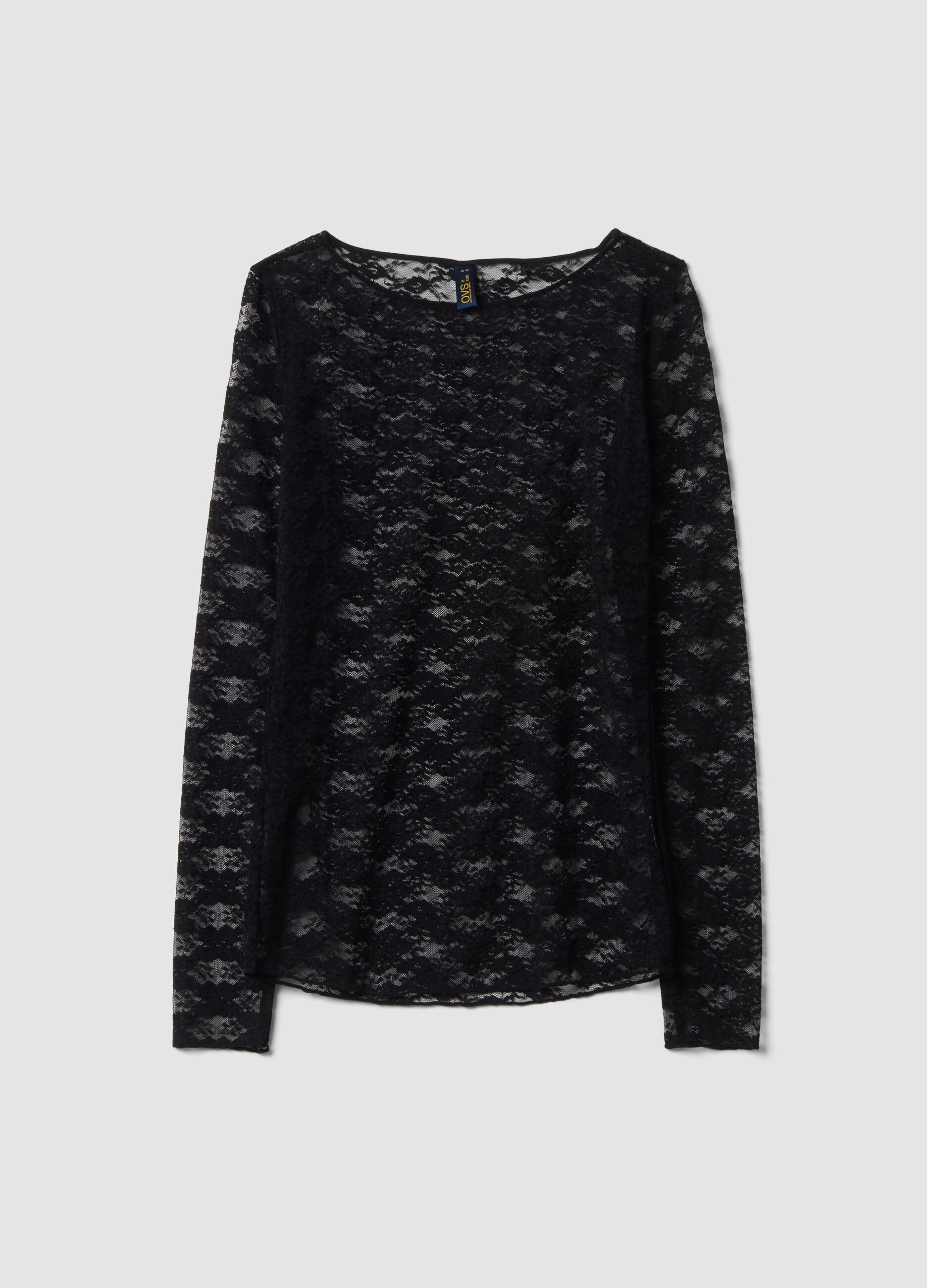 Maglia nera in tessuto elasticizzato con pizzo regular fit