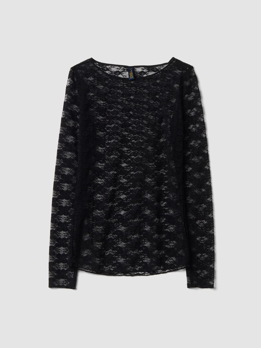 Maglia nera in tessuto elasticizzato con pizzo regular fit_0