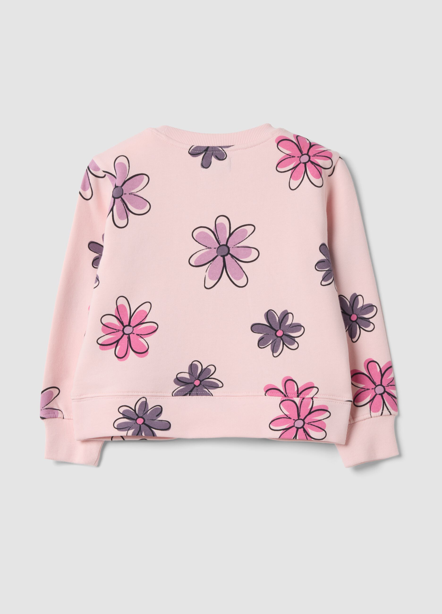 Felpa rosa chiaro in puro cotone con girocollo floreale