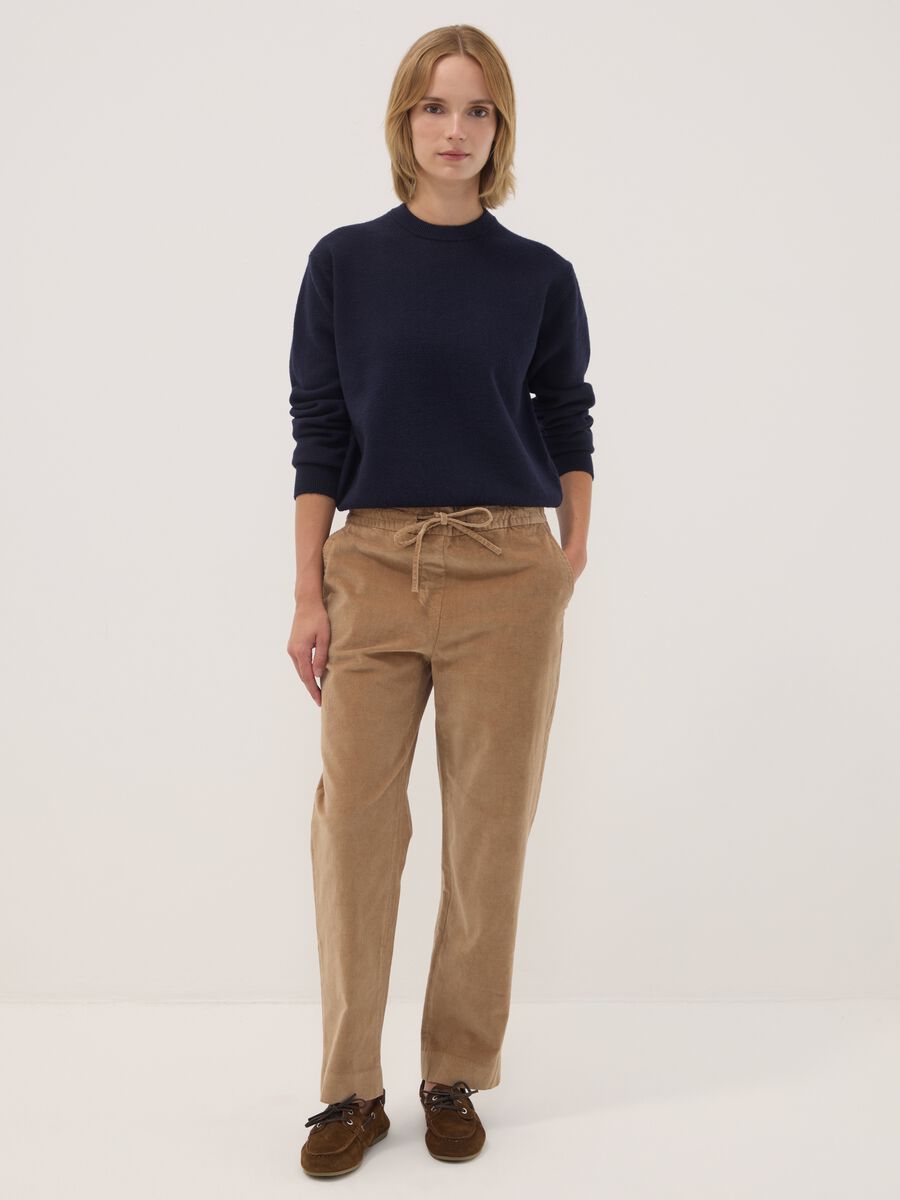 Beige ribbed stretch cotton trousers with elasticated waistband_0