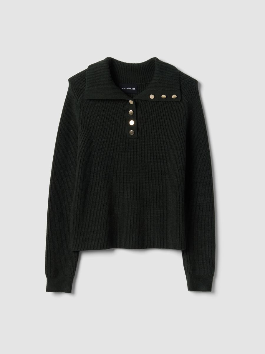 Green ribbed viscose-blend top with collar_0