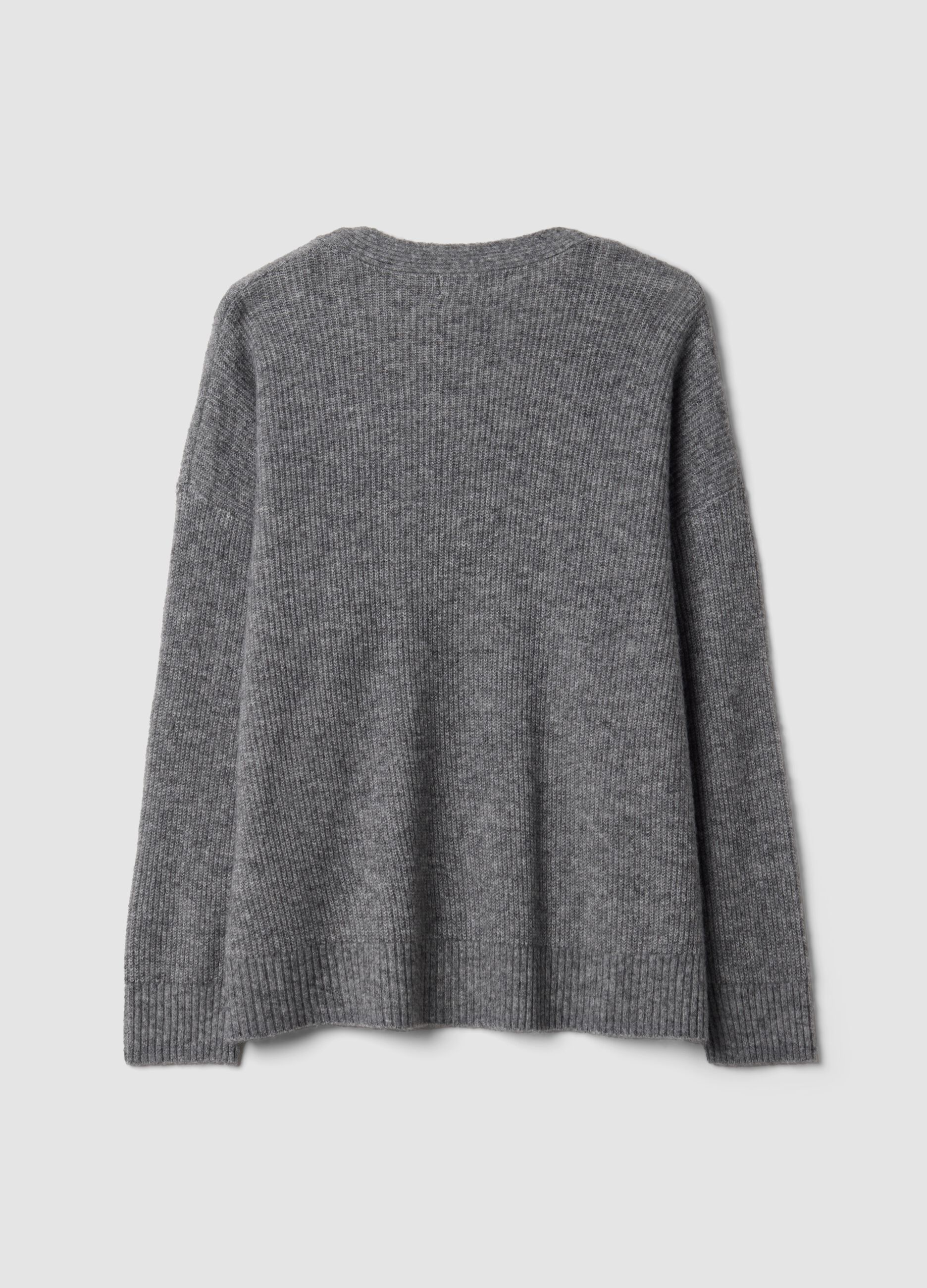 Cardigan grigio in tessuto elasticizzato con scollo profondo a V
