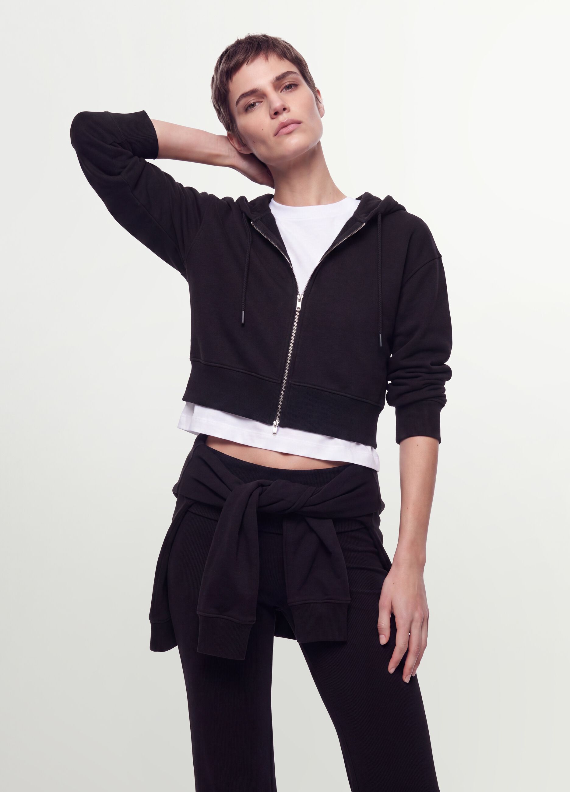 Black full-zip fitted cotton-blend hoodie