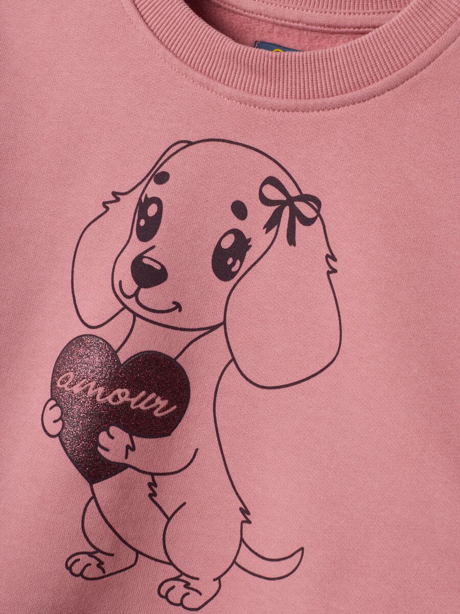 Pink pure cotton sweatshirt with crew neck and puppy print_3