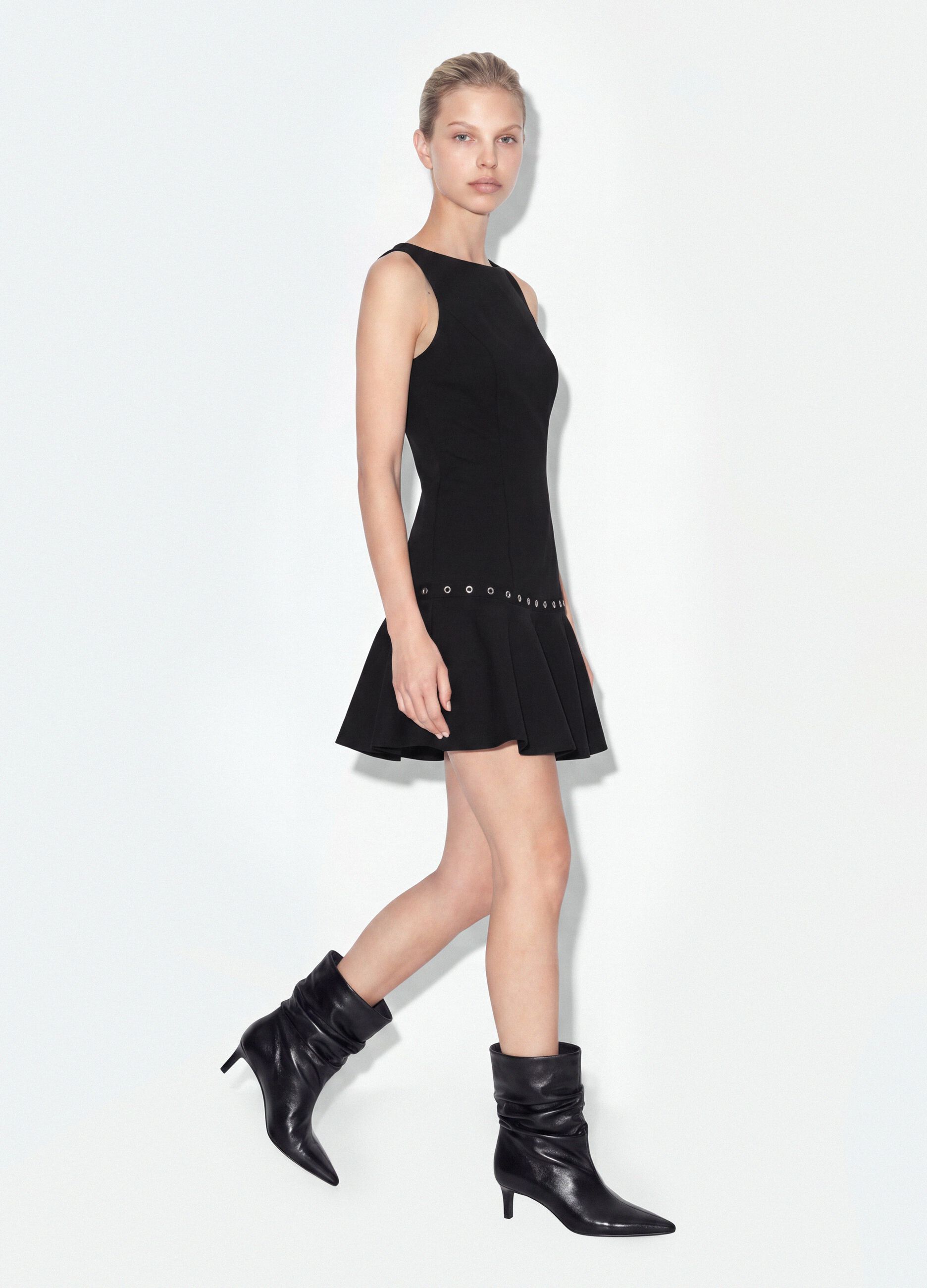 Black sleeveless stretch viscose dress with eyelet detail