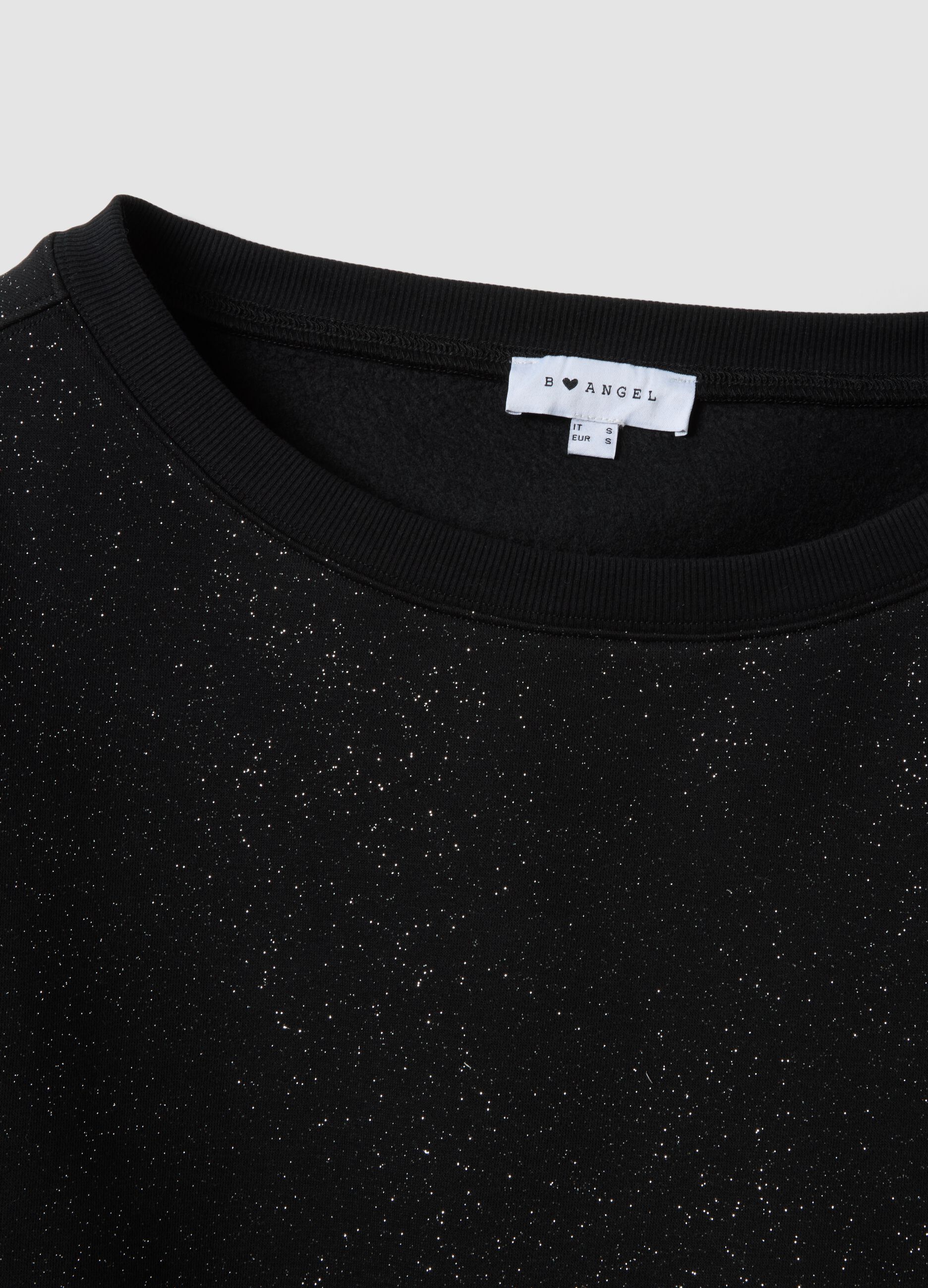 Black cotton-blend sweatshirt with boat neckline and glitter