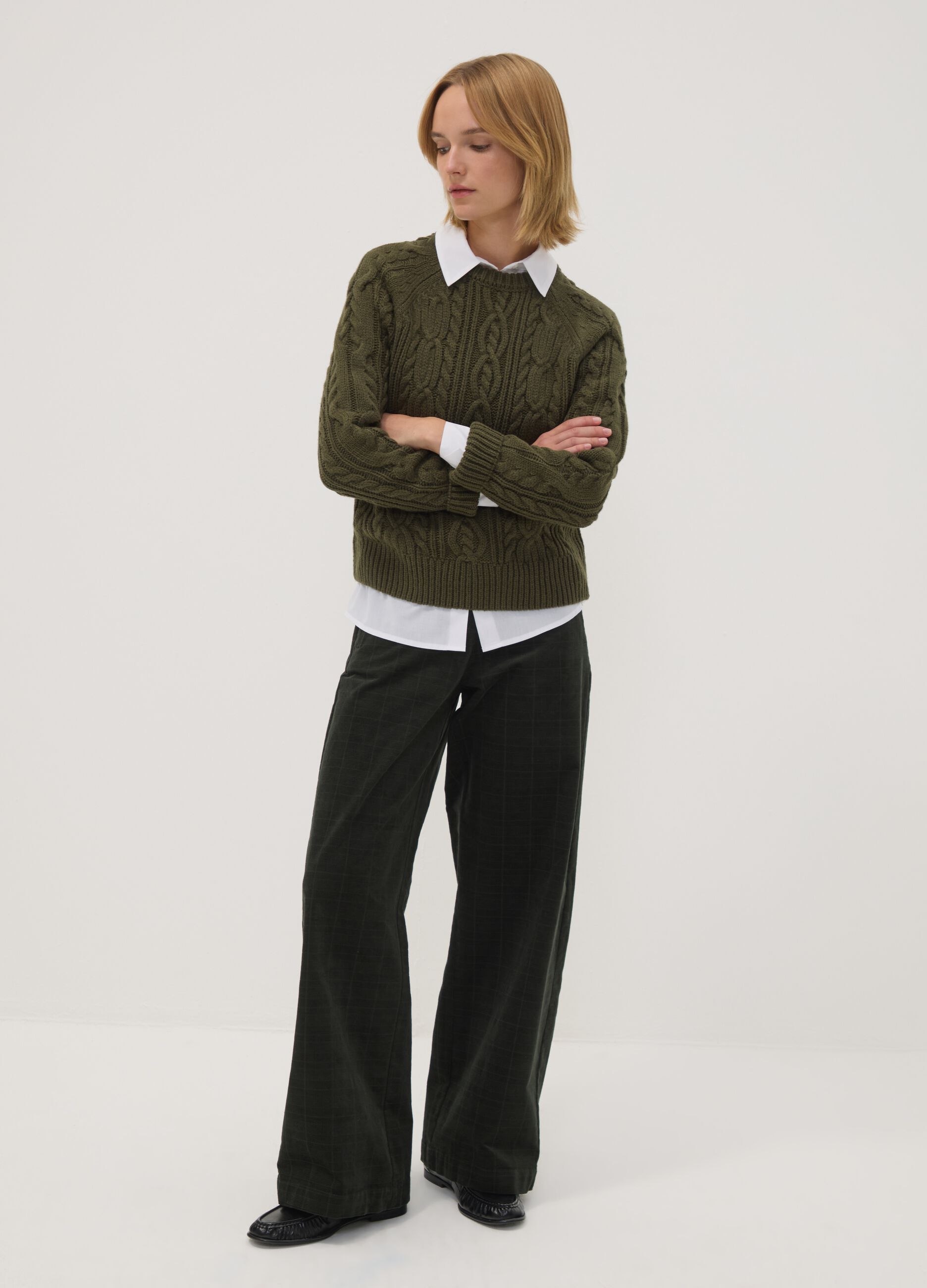 Green cable-knit wool-blend crew neck jumper