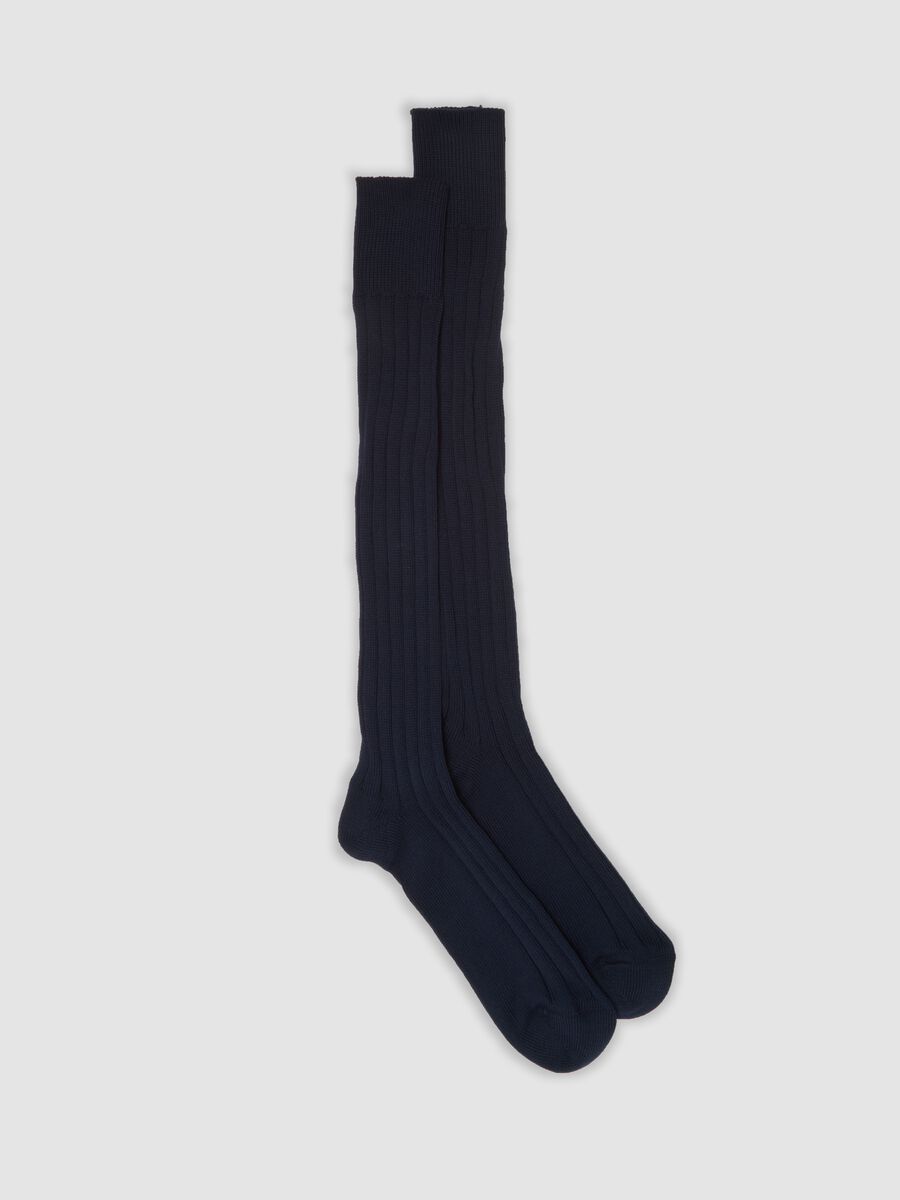 Blue long ribbed socks in pure cotton_0