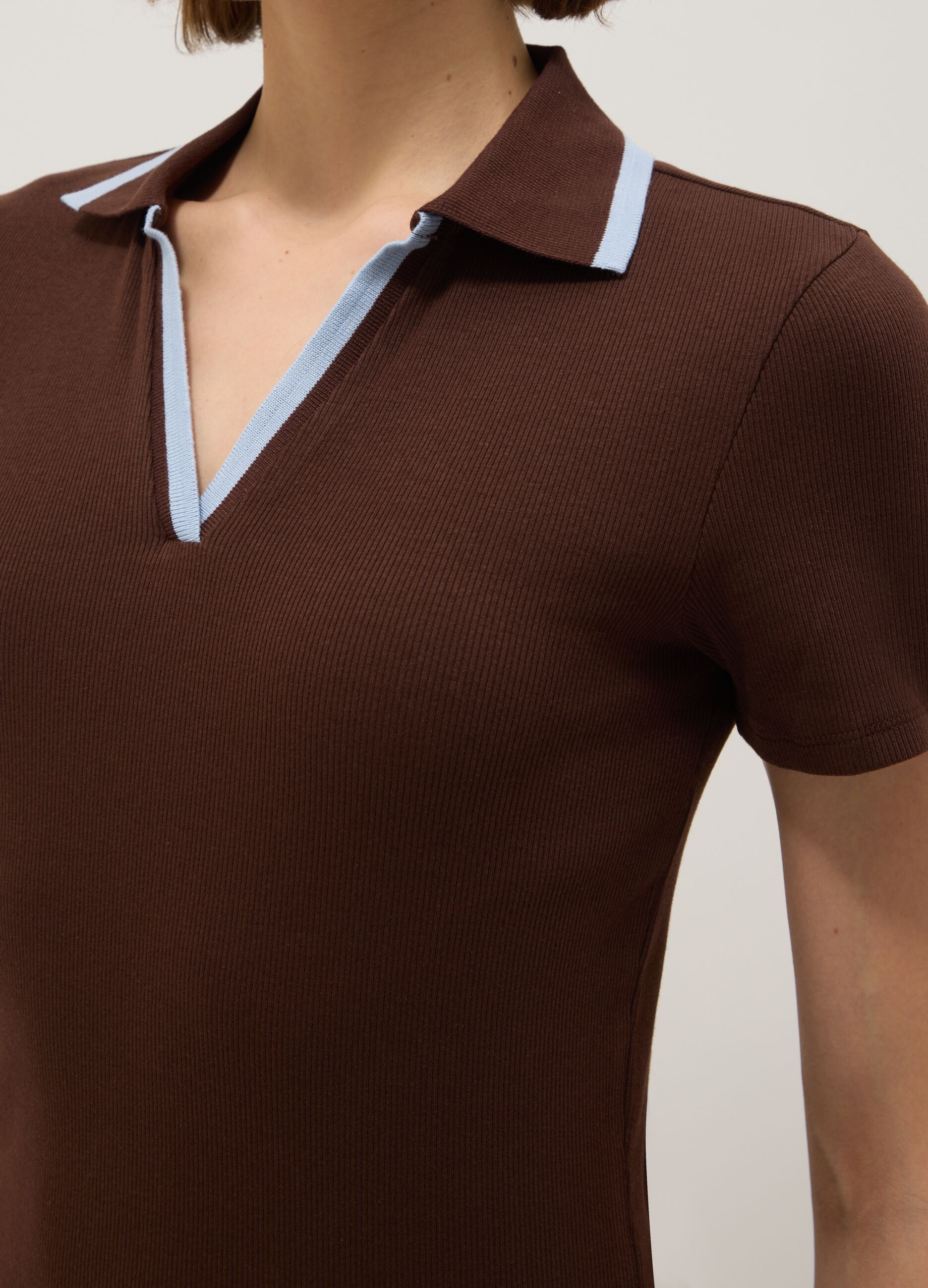 Brown stretch cotton regular fit polo with contrasting collar