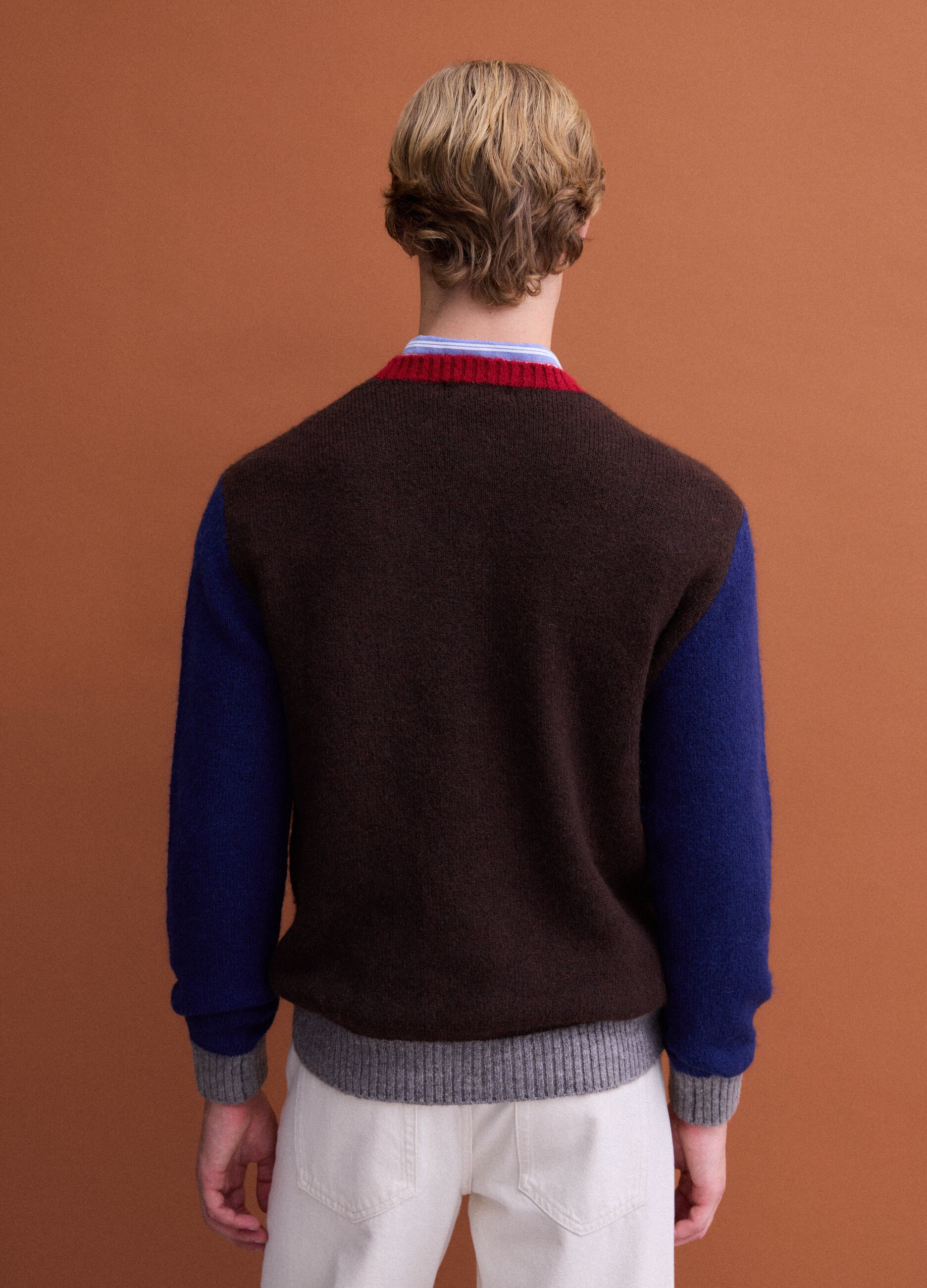 Men&rsquo;s brown crew-neck jumper in stretch wool and alpaca, regular fit