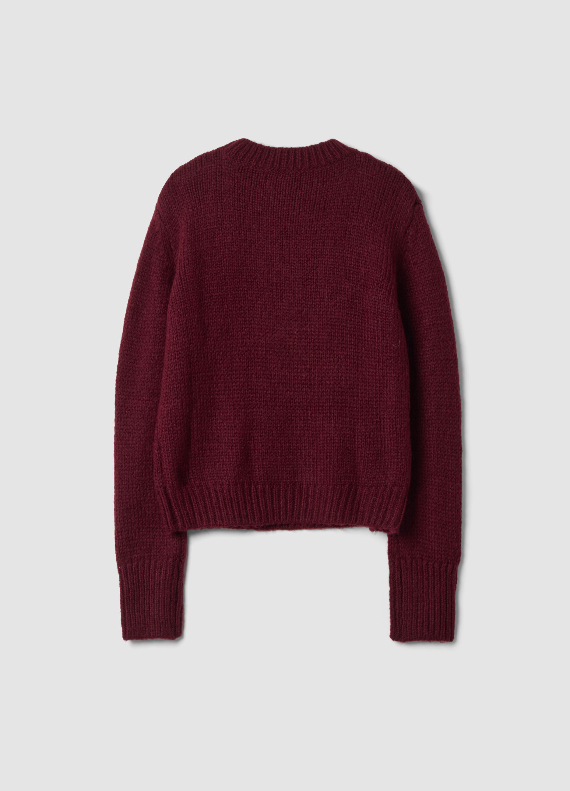 Burgundy red crew-neck cable-knit wool-blend jumper, regular fit