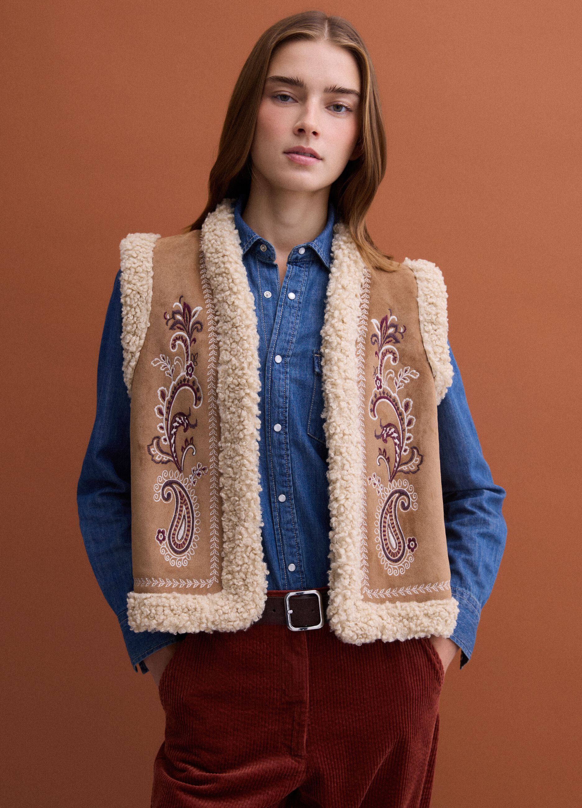 Brown regular-fit gilet with embroidery and contrast shearling-effect trims