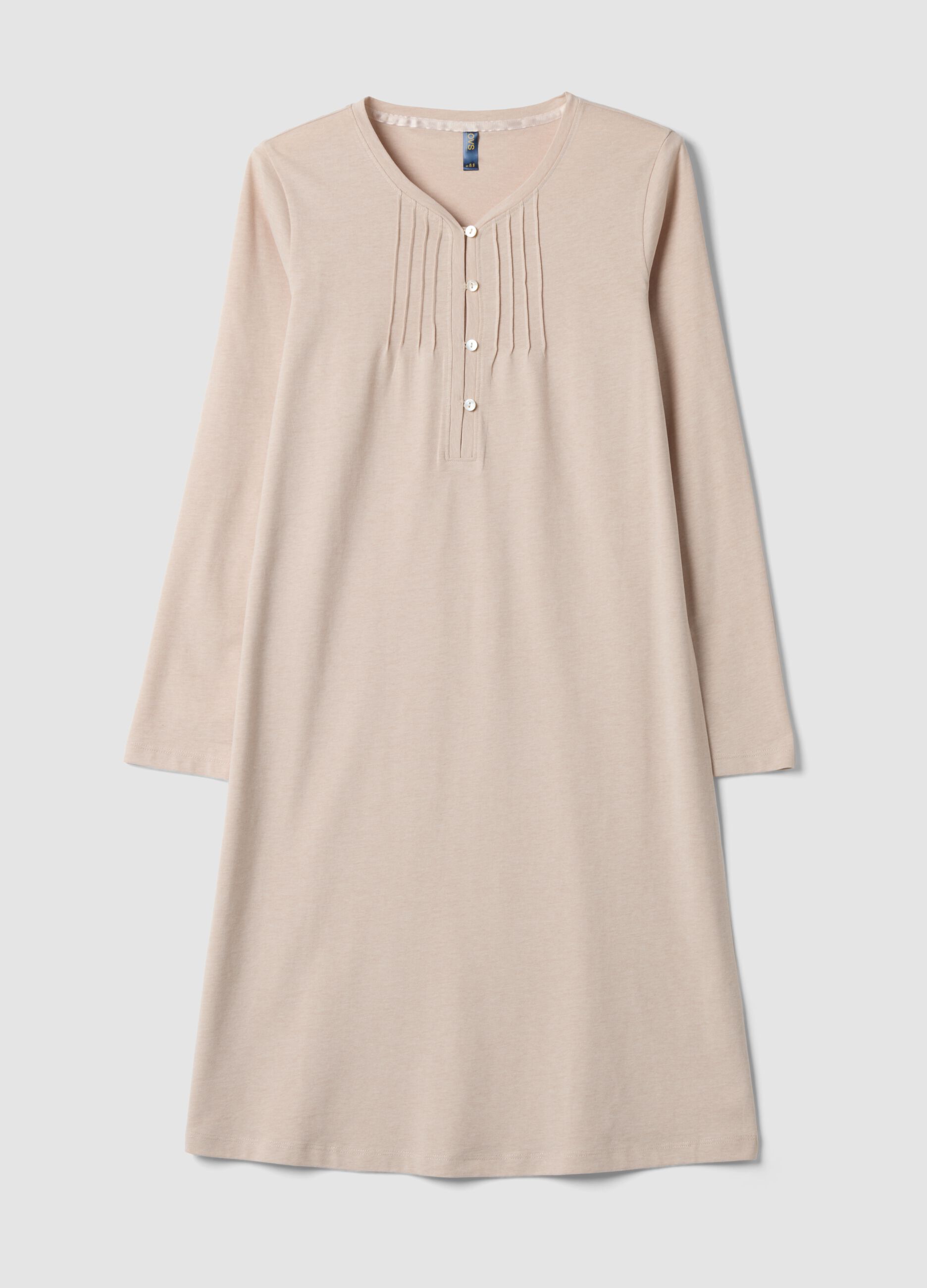 Camicia da notte beige in misto cotone organico con scollo a V
