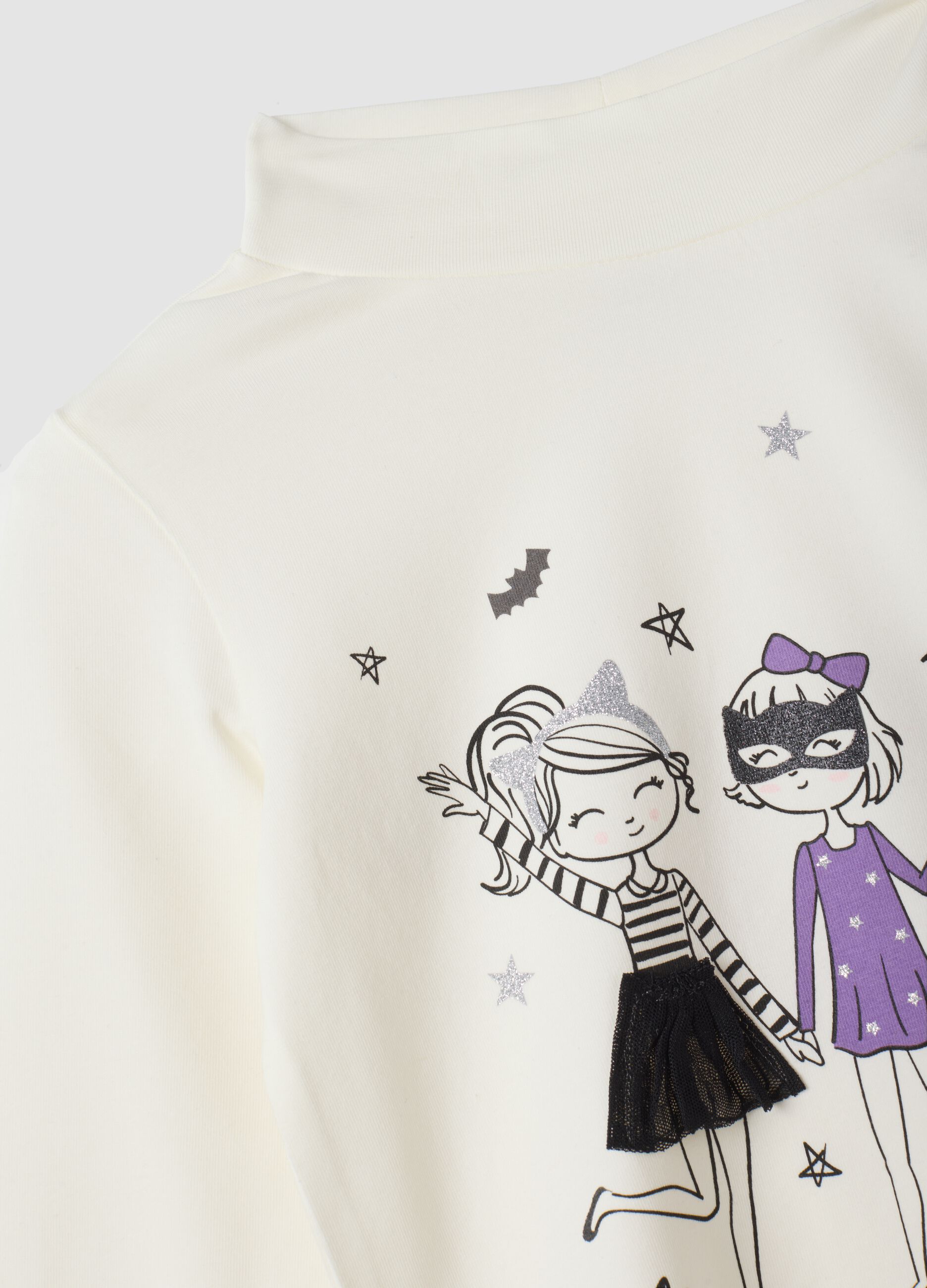 T-shirt bianca in cotone elasticizzato con Collo rialzato