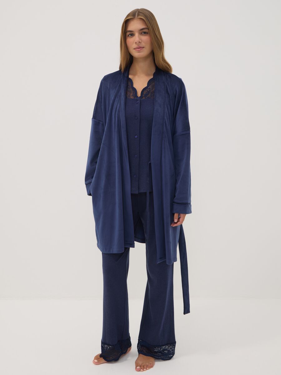 Blue stretch-fabric dressing gown with belt_0