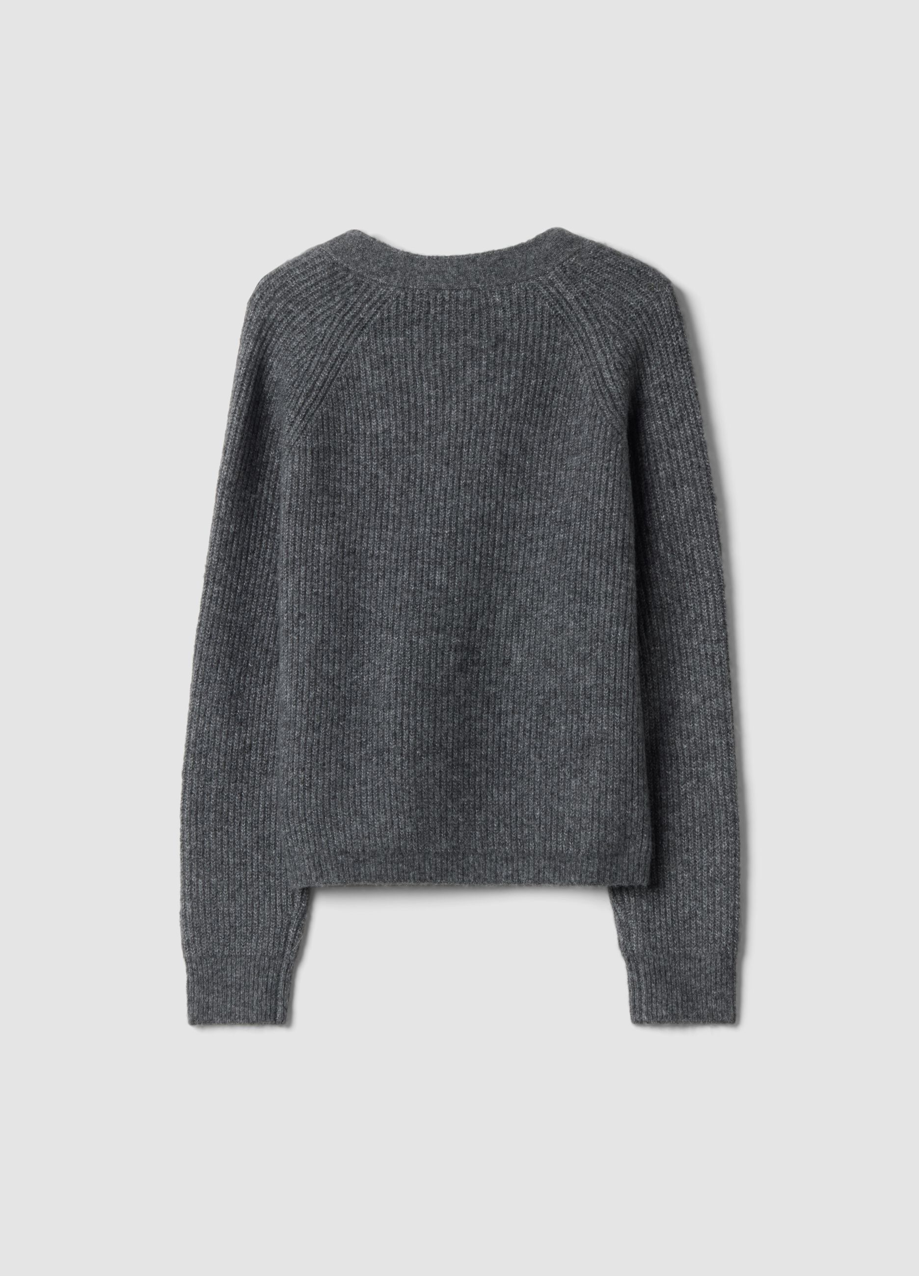 Grey stretch-wool cardigan with deep V-neck, oversized fit
