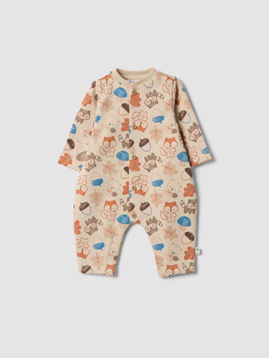 Tutina beige in puro cotone organico con stampa animali_0