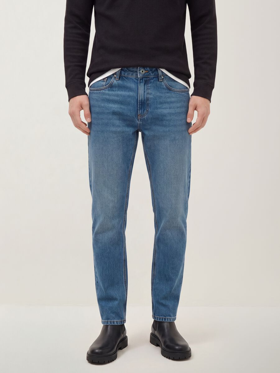 Blue denim jeans in pure cotton, regular fit_1