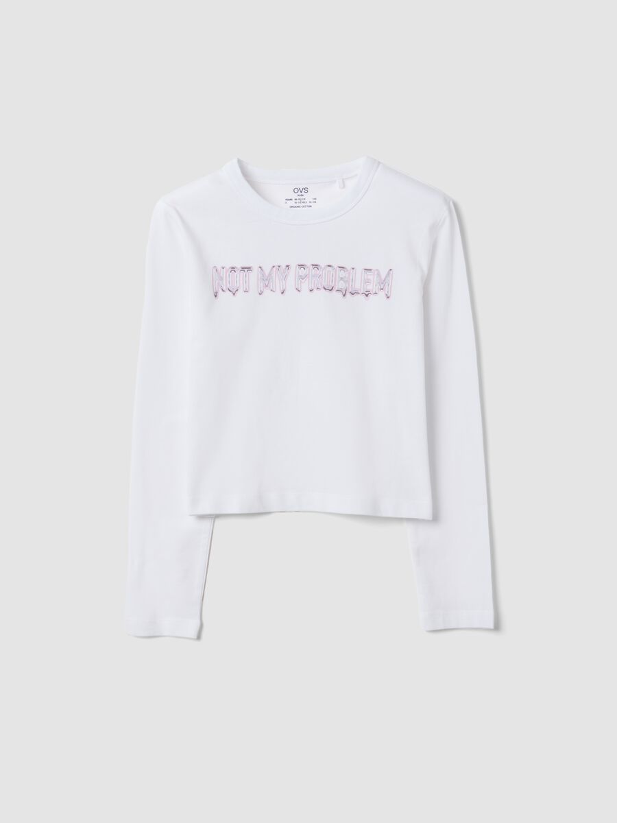 White organic cotton cropped T-shirt with ribbed neckline for girls_3