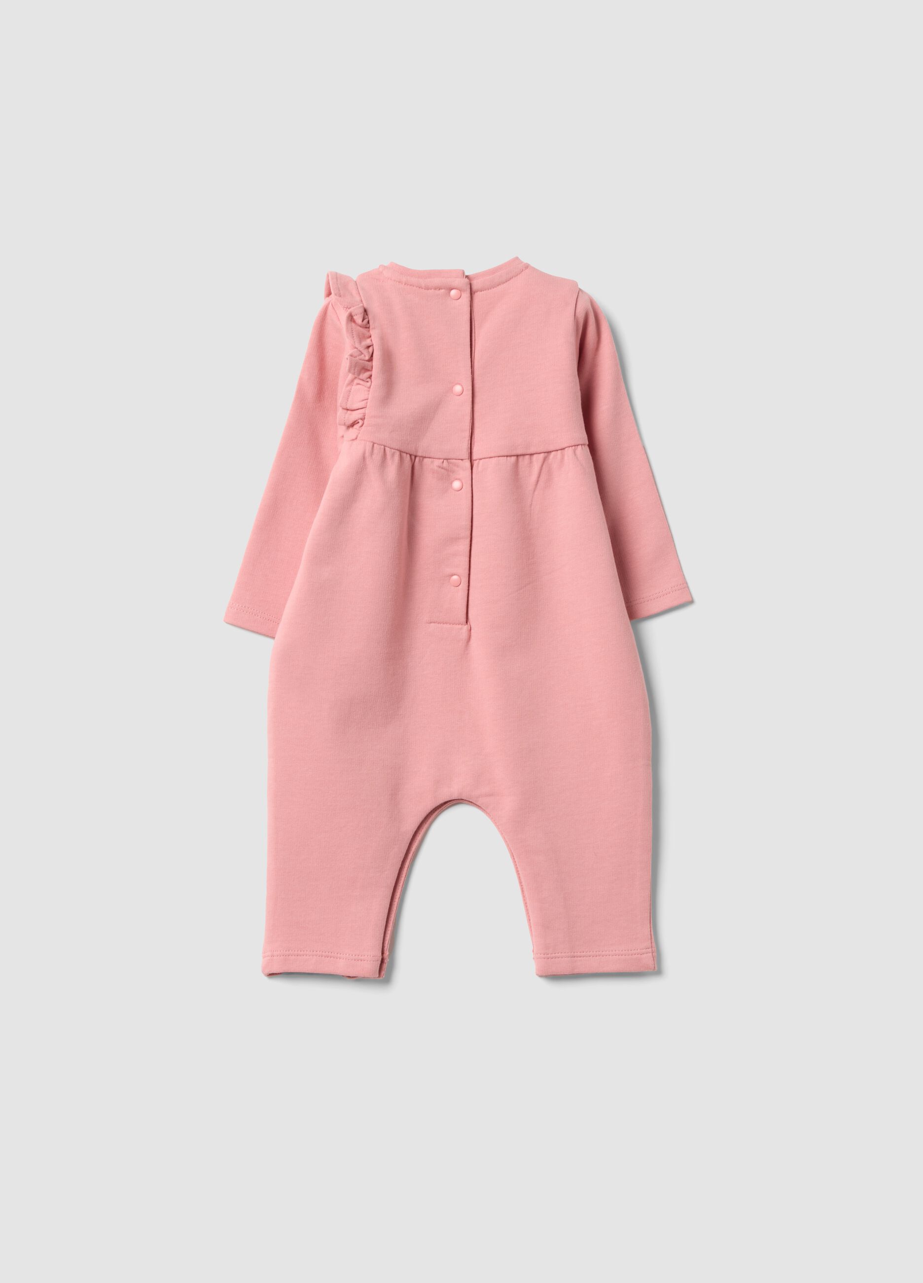 Pink organic cotton romper with ruffle for baby girl