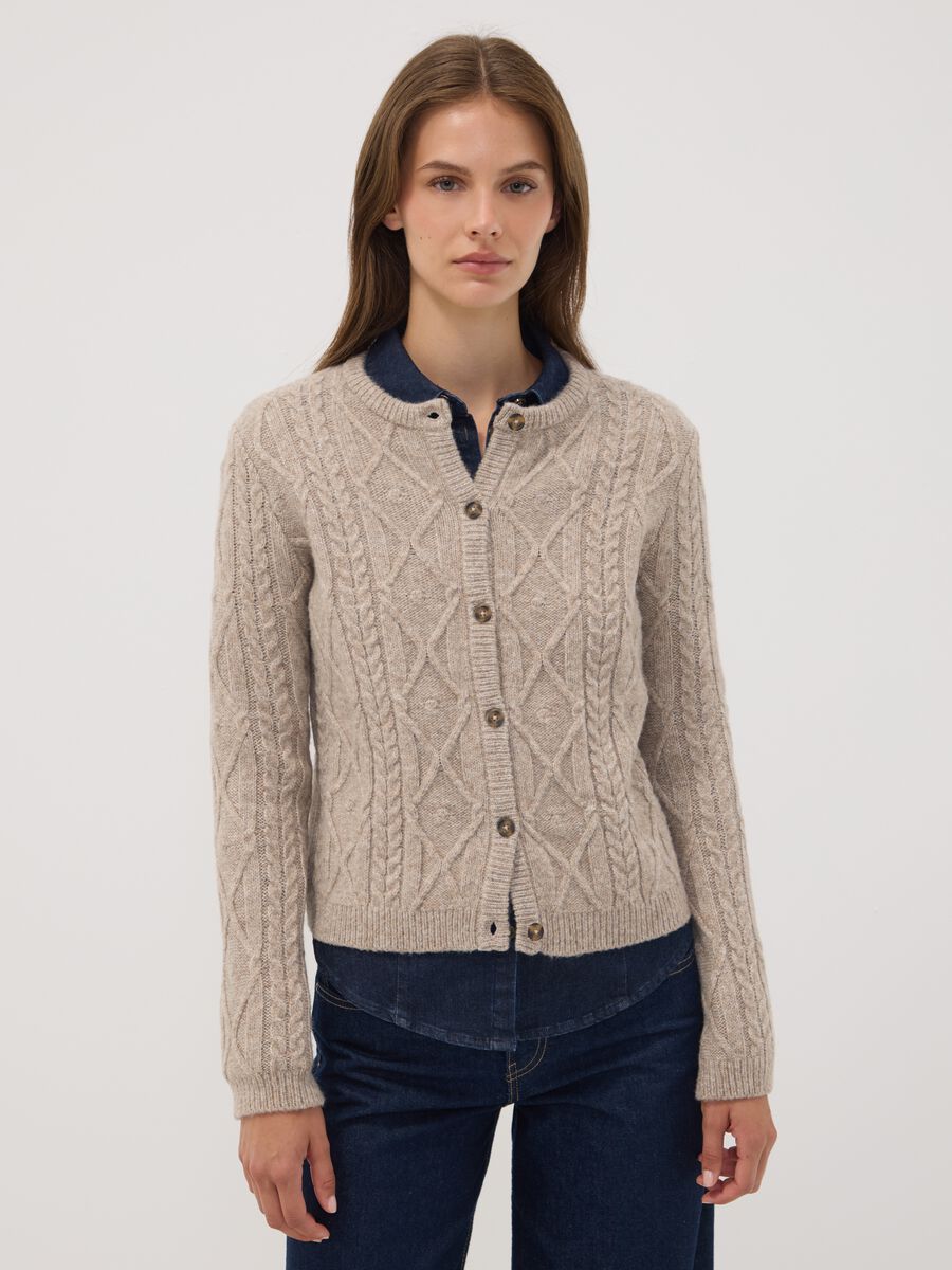 Beige cable-knit wool-blend cardigan_0