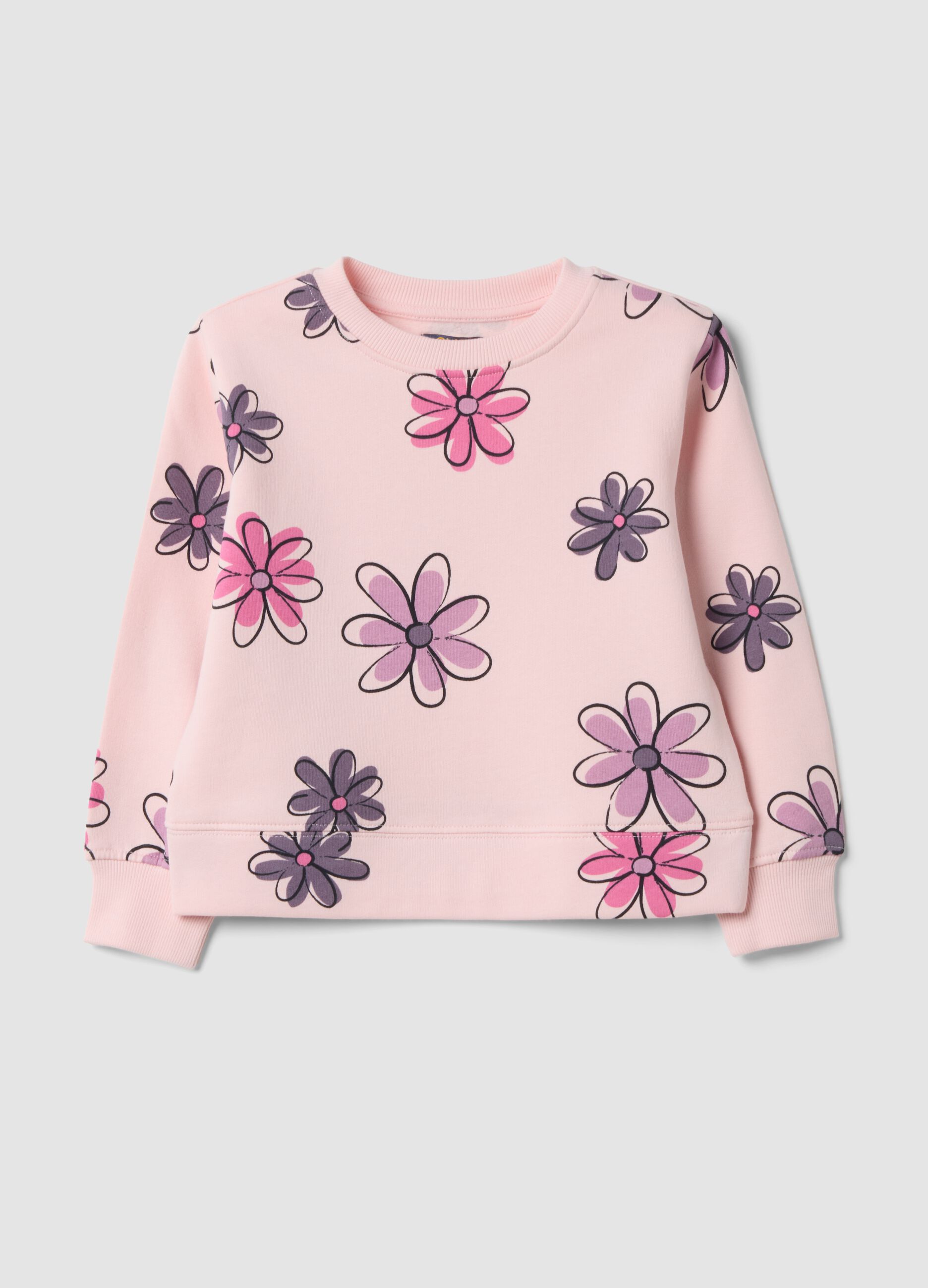 Felpa rosa chiaro in puro cotone con girocollo floreale