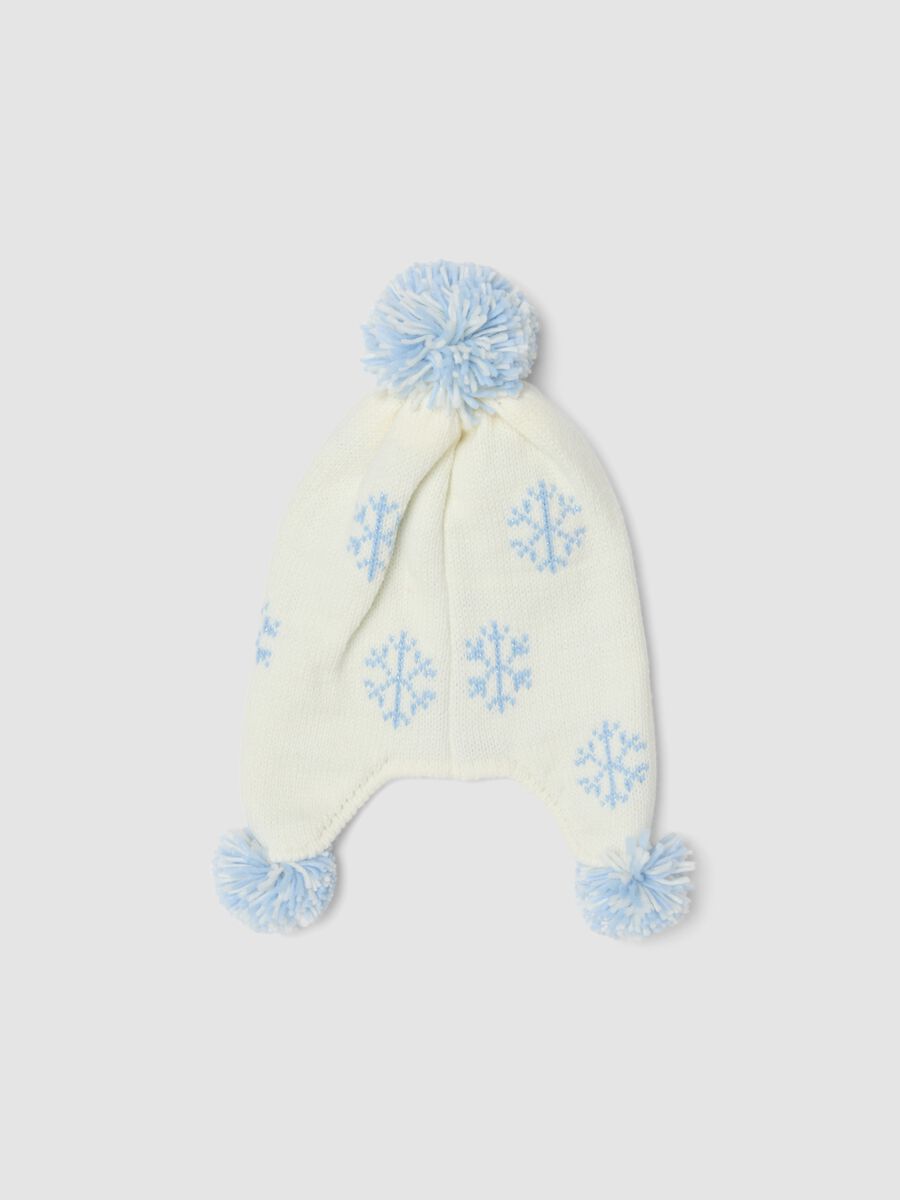 Cream White Knit Hat with Earflaps and Frozen Pom-Poms_1