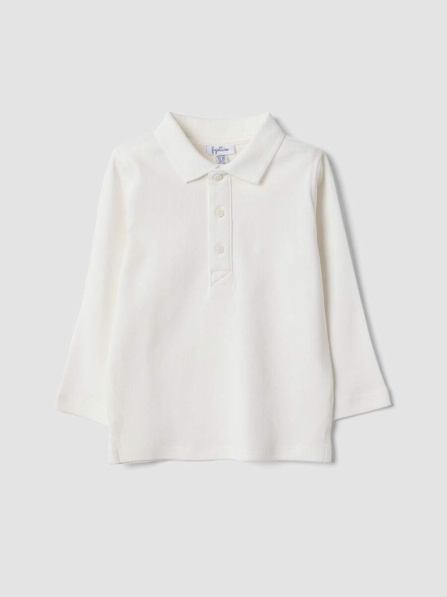 White long-sleeved polo shirt in pure organic cotton for baby boy_0